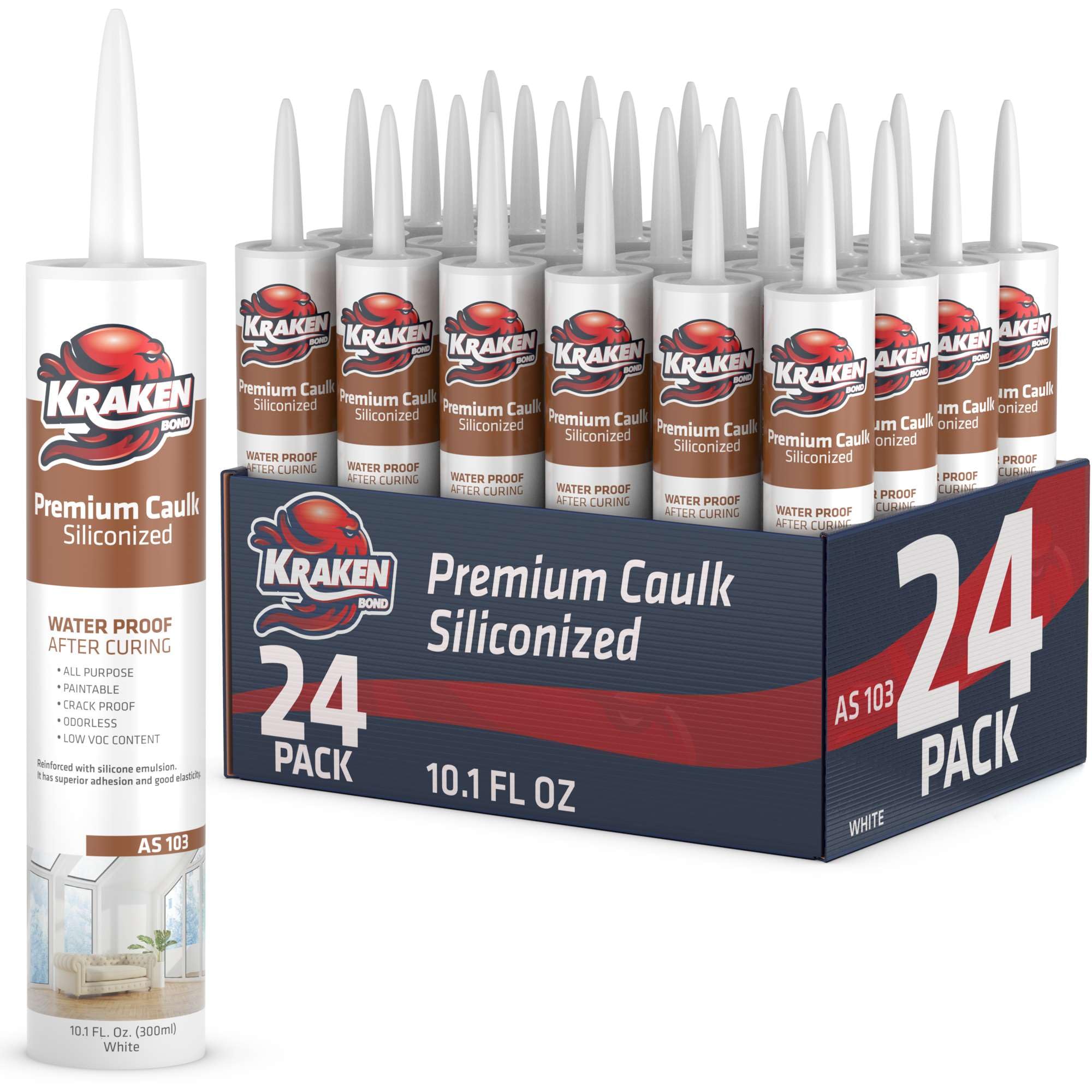 Kraken Bond Premium All Purpose Acrylic Latex Caulk - (24x10.1 fl. oz.) White Paintable Interior and Exterior Window Caulk, Baseboard, Trim, Kitchen and Bathroom - Waterproof, Odorless - 24 Pack