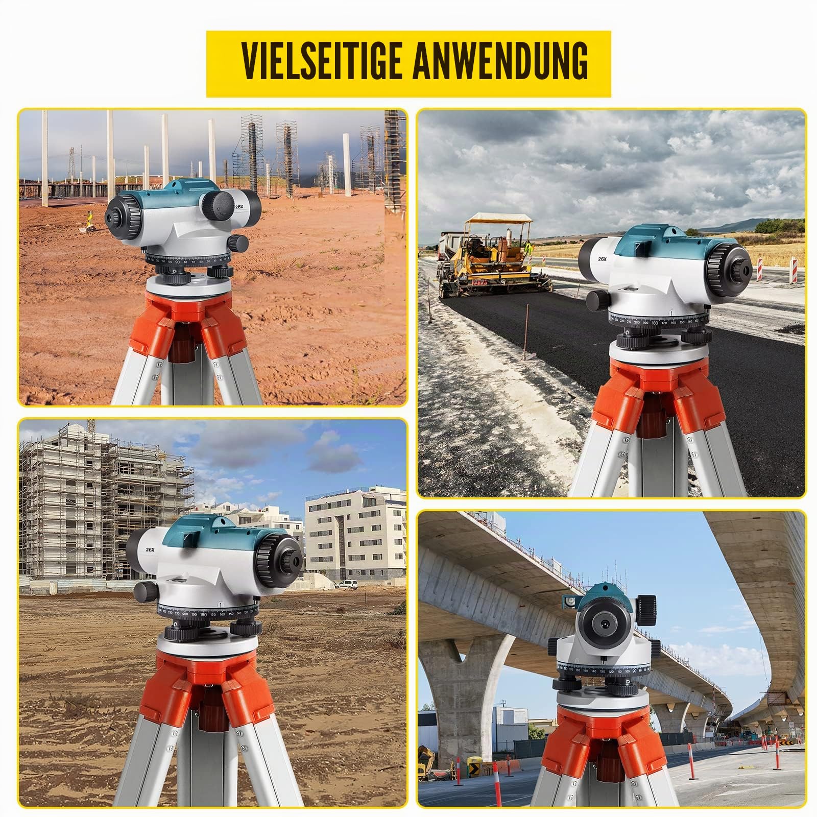 VEVOR Professional Optisches Nivelliergerät (26-fache Vergrößerung, Arbeitsbereich: bis zu 100 m, im Transportkoffer), Selbstnivellierend Nivelliergerät 15,8 mm Gewinde Staubdichtes Nivellierset, Grün