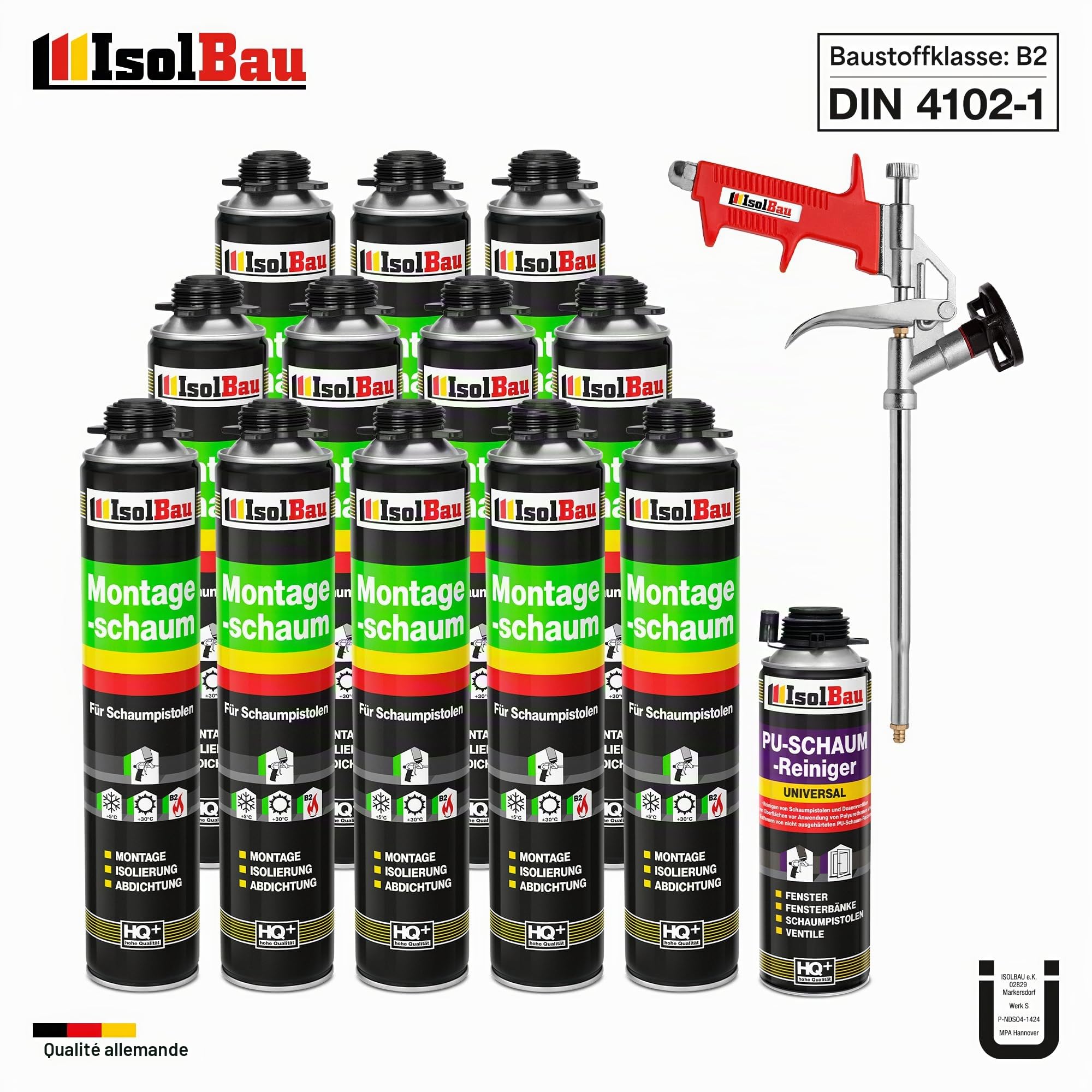 Ensemble de 12 flacons de 750 ml de mousse expansive 1K à base de polyuréthane + 1 nettoyant + 1 pistolet