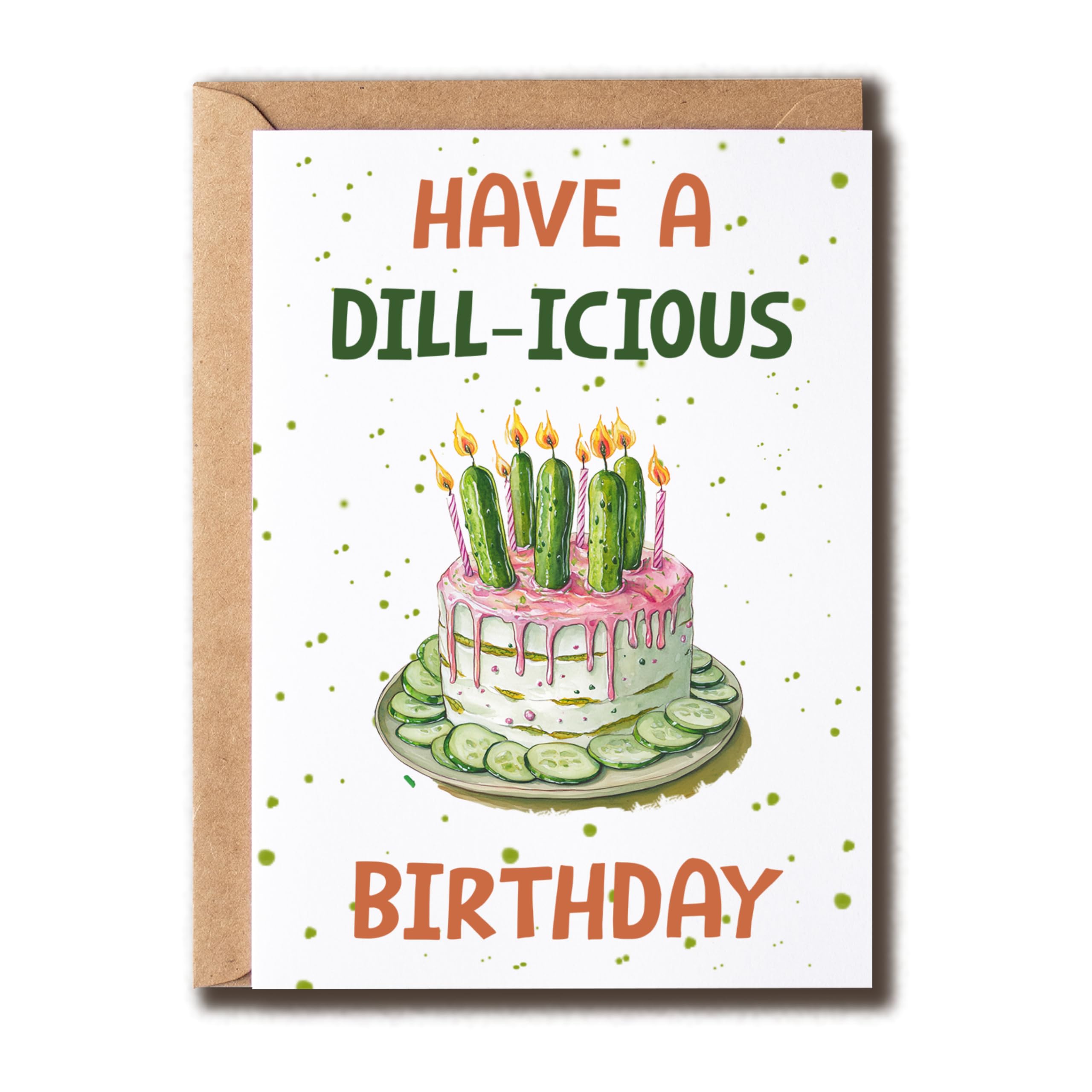 Tarjeta de cumpleaños con texto en inglés "Have a Dill-icious", tarjeta de cumpleaños de pepinillos, bonita tarjeta de pepinillo, tarjeta de feliz cumpleaños, tarjeta de cumpleaños punny,