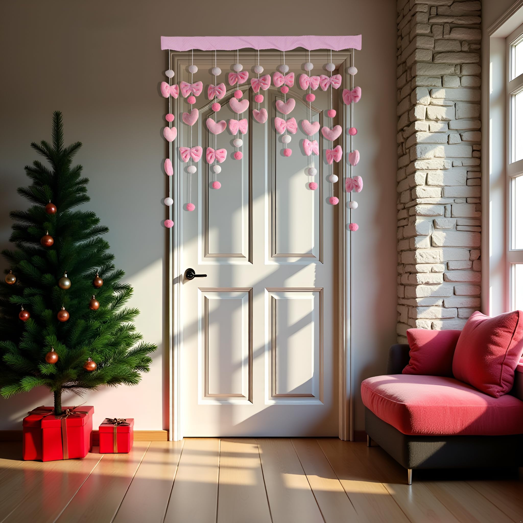 Selbstklebender flauschiger Plüschvorhang, Kawaii, 83,8 x 91,4 cm, niedliche rosa Schleife, herzförmiger Vorhang für Mädchen, Schlafzimmer, Tür, Fenster, Wanddekoration