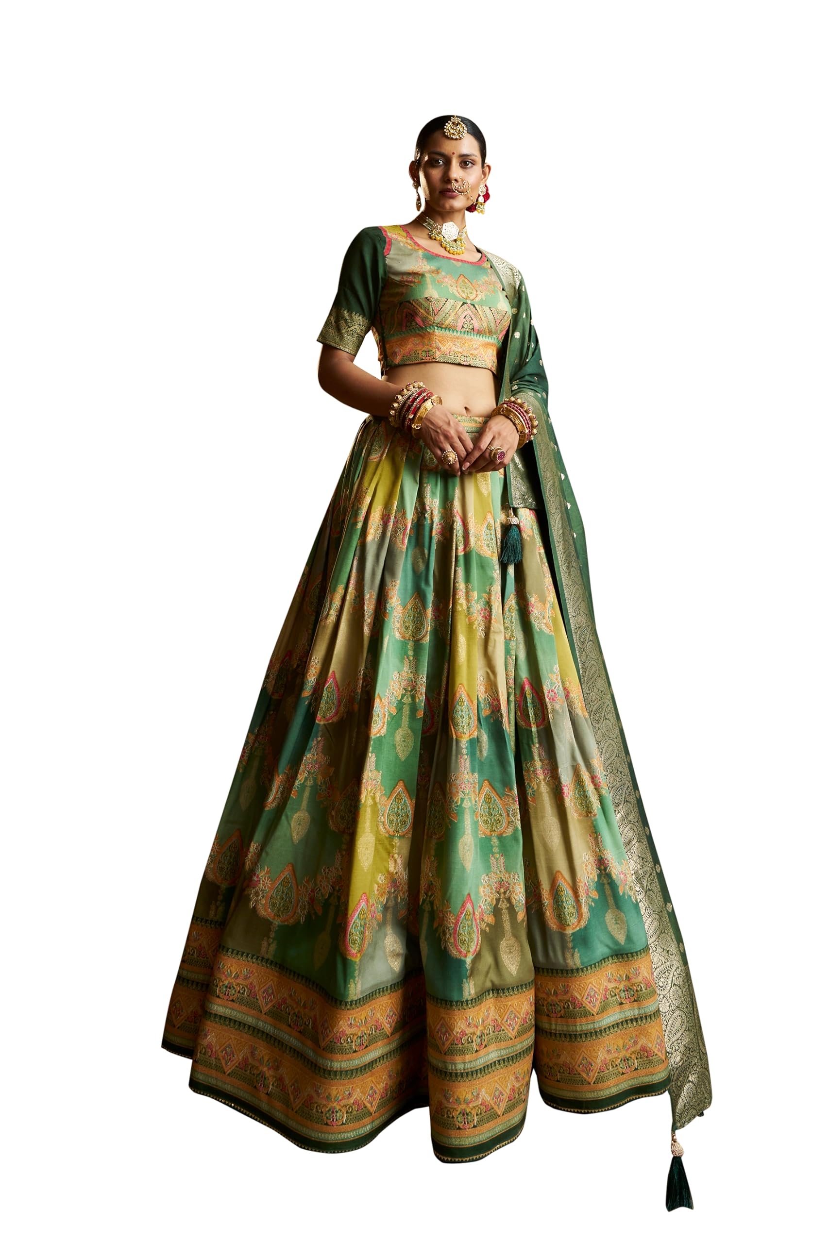 STYLE INSTANTWomens Sea Green Cotton Silk Lehenga Choli Set with Designer Readymade Blouse & Dupatta For Navratri Diwali Wedding