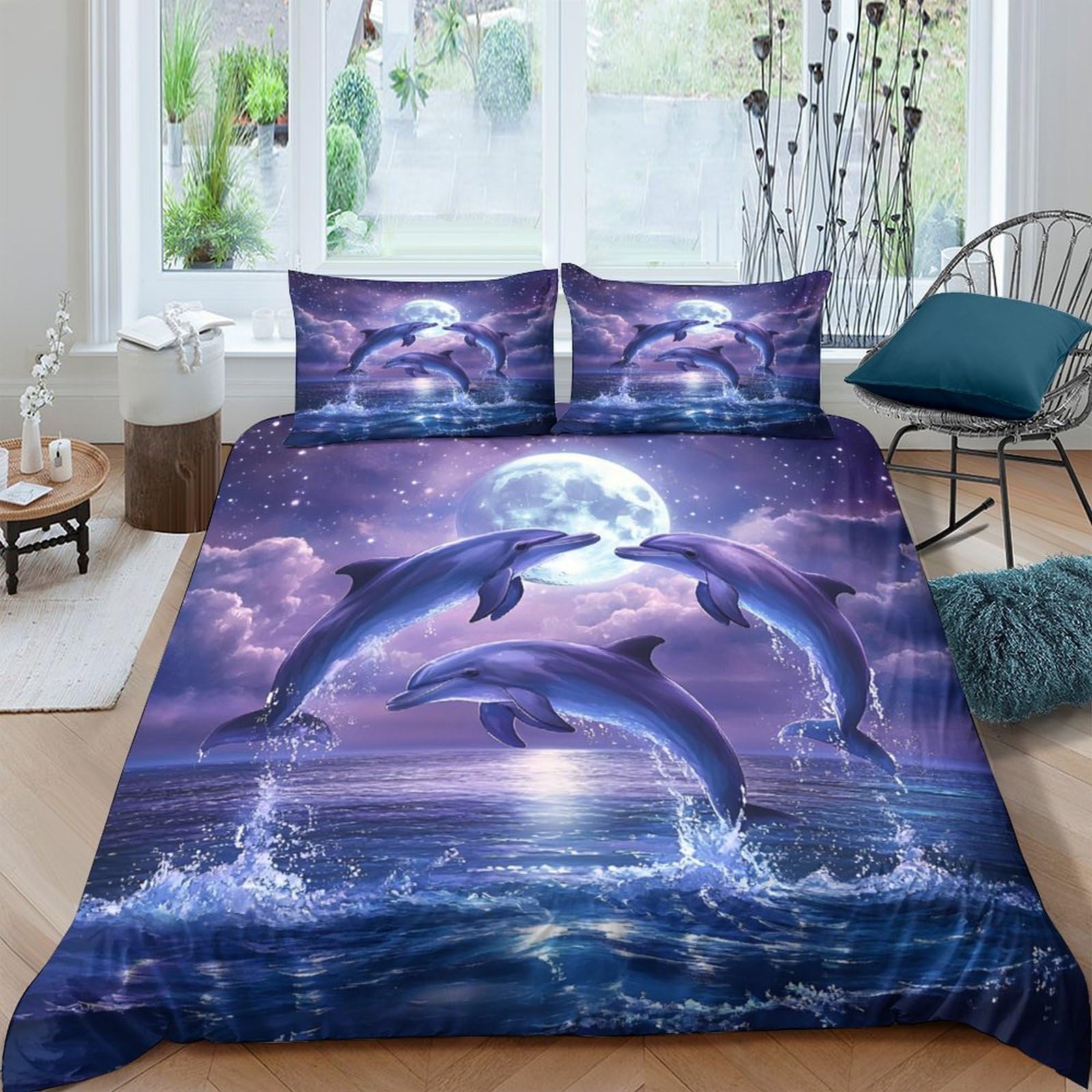 Ctjqhvkz Style-6 3D Printed Dolphin Moonlight Fitted Sheet Microfiber Soft Bedroom Ocean Mattress Cover For Home Decor Single（135X200cm）