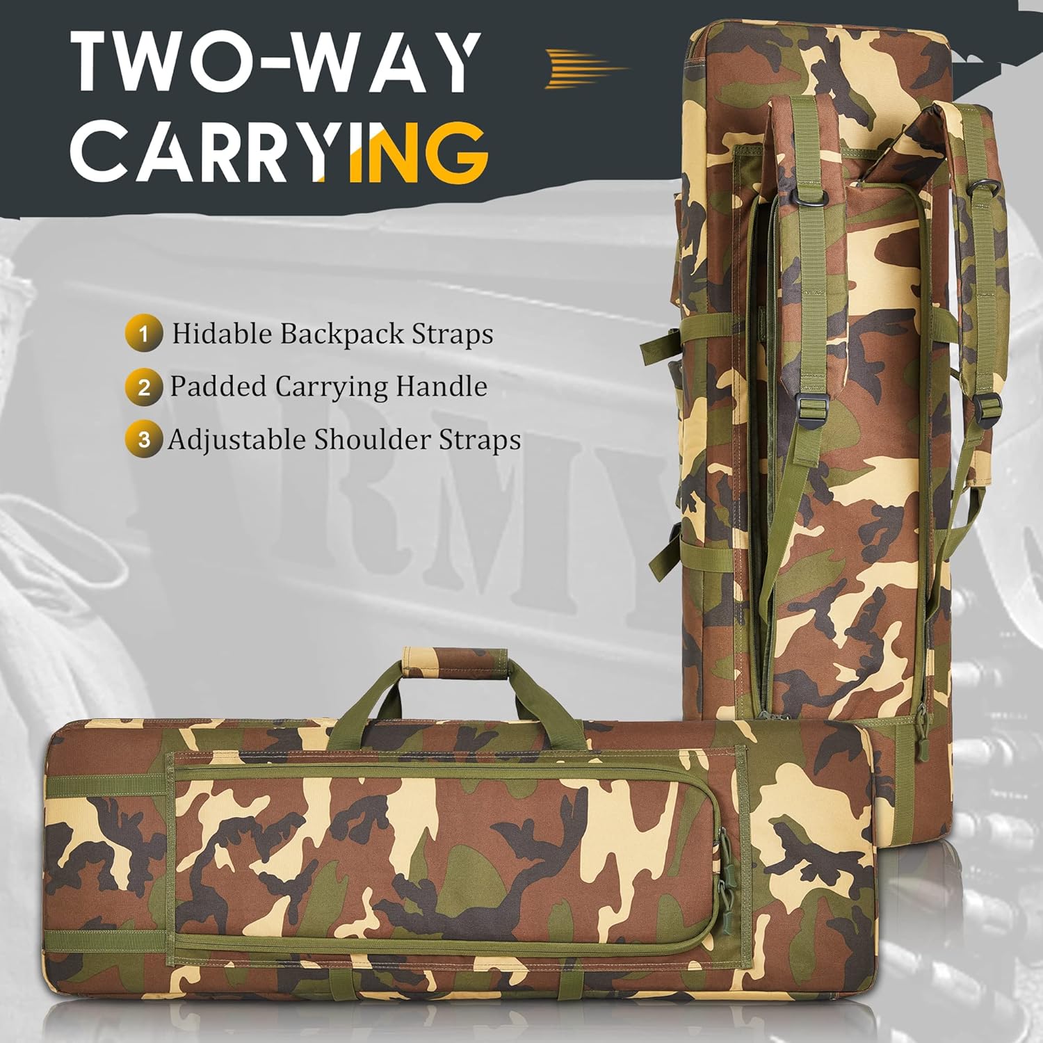 Double Rifle Case for 2 Scoped Rifles - Soft Tactical Gun Bag 32/36/42/48 Inch with Concealed Backpack Straps Durable 600D Oxford Gun Case with Pistol &Ammo Storage for Hunting Range Travel Transport