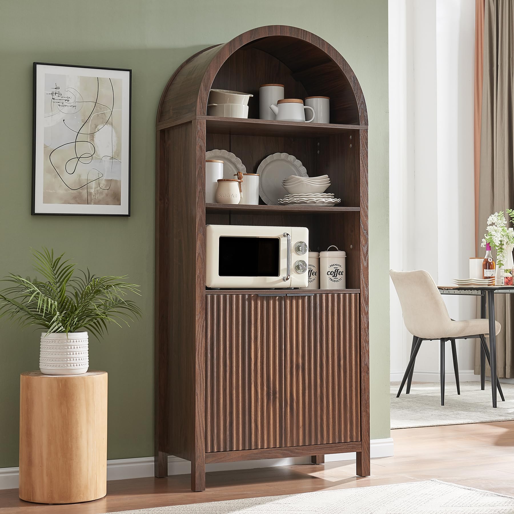 Arched Cabinet Bookshelf Bookcase - 71” Tall Mid Century Arched Display Cabinets, Rounded Bookshelf with Fluted Doors, Open Shelf Storage Cabinet for Dining Room (Walnut)