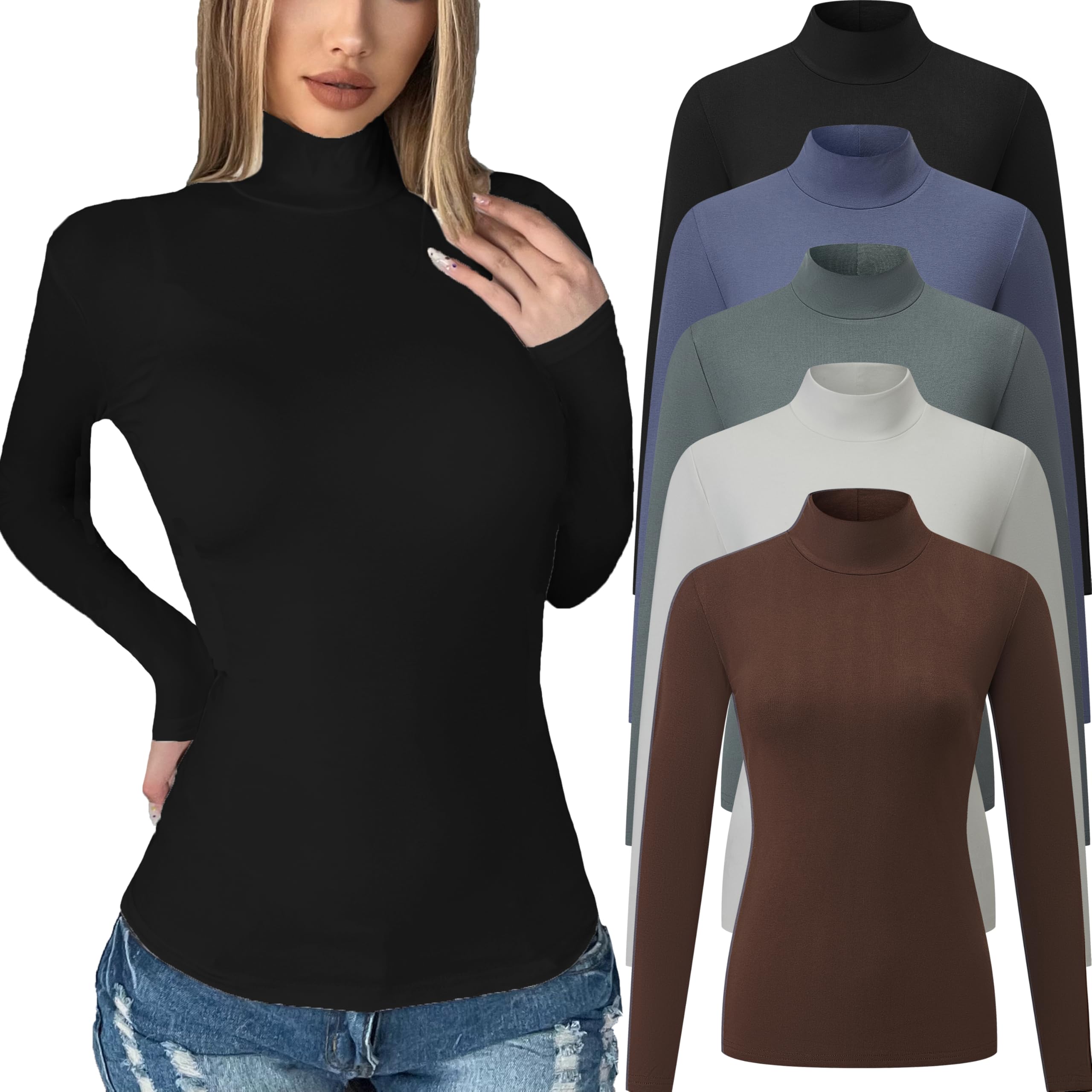 5 Pack Womens Long Sleeve Tops Mock Turtleneck Basic T Shirt Fall Stretch Tight Fitted Thermal Shirts-image-43