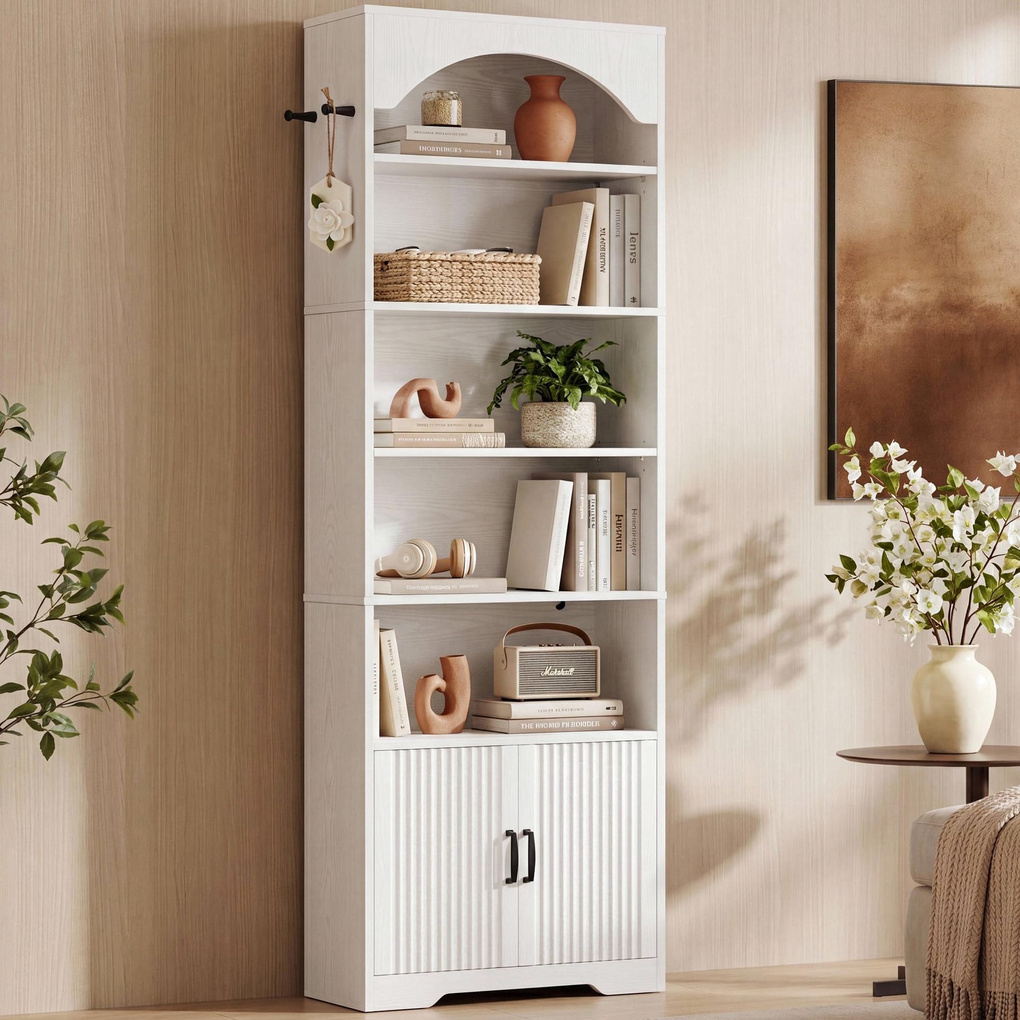 IRONCK 210cm Bookshelf with Cabinet, 7 Tier Arched Bookcase, Extal Tall Bookshelves with Door, Freestanding Display Book Shelf with 2 Hooks and Doors, Open Storage Shelf for Living Room