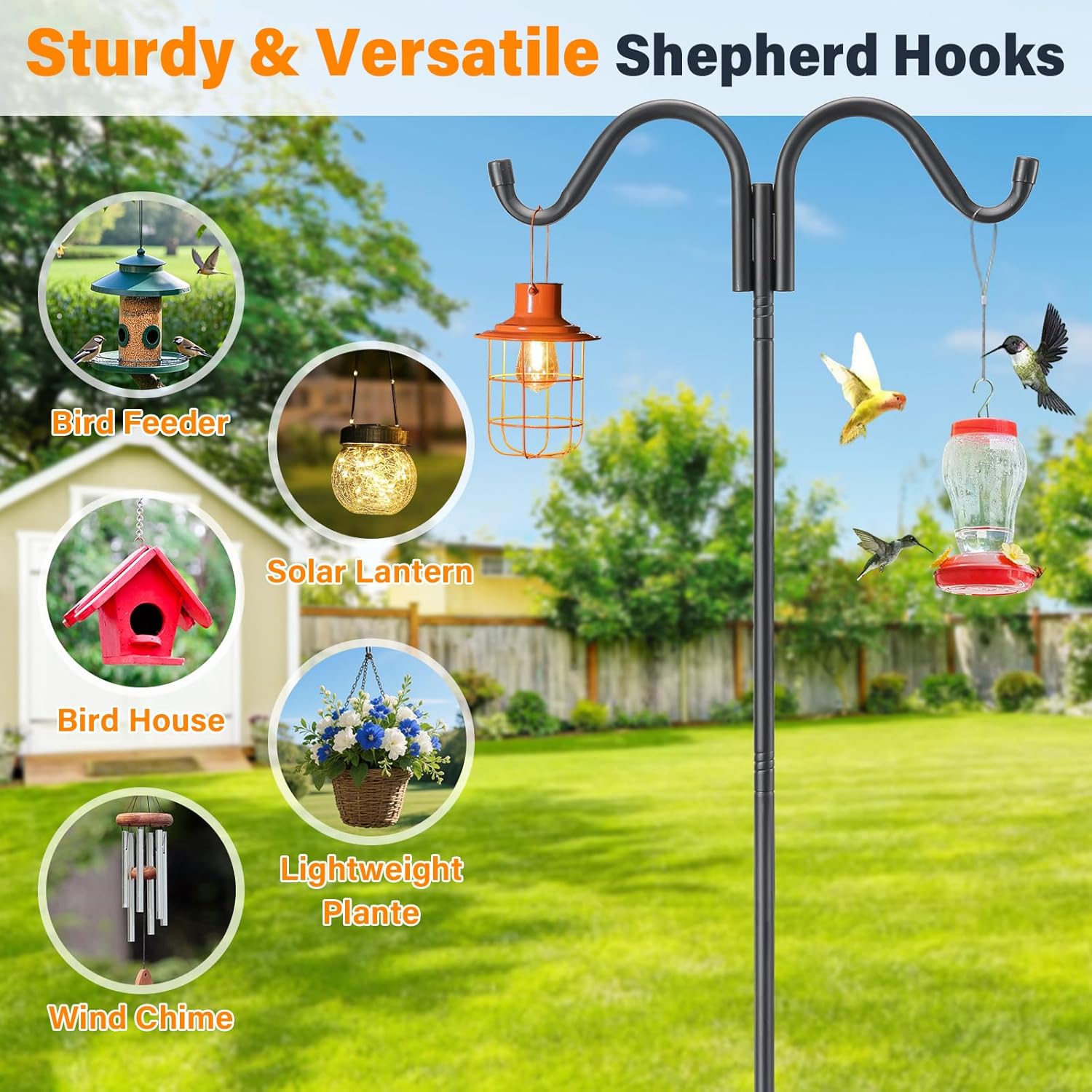 94 Inch Adjustable Bird Feeder Pole, Heavy Duty Double Shepherds Hook for Outdoor with 5 Prongs Base, Stable Stand for Hanging Bird Feeder, Bird House, Wind Chime, Hummingbird Feeder & Light Plant