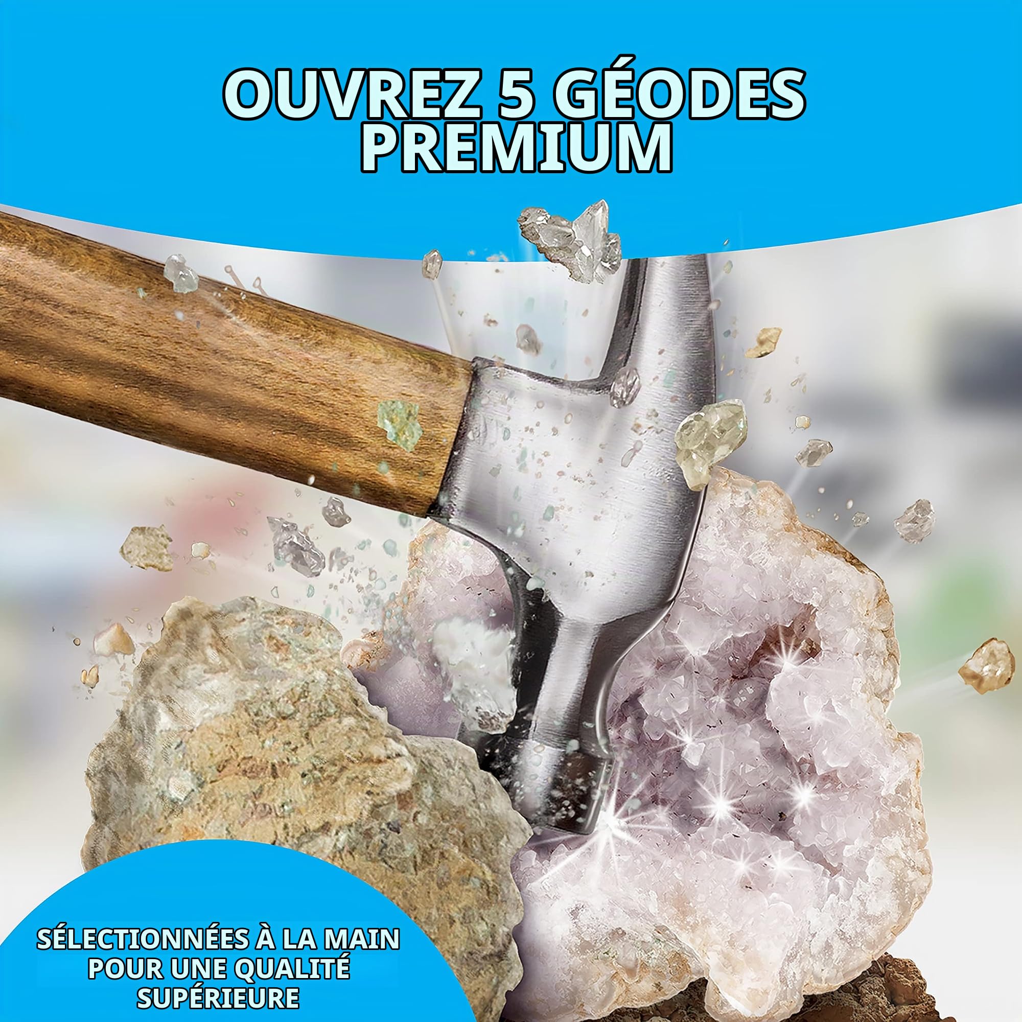 NATIONAL GEOGRAPHIC Ouvrir 5 Géodes Géantes - Kit de Sciences de la Terre Muni de 5 Géodes Extra-Larges de Qualité Supérieure avec Cristaux, Lunettes, Guide d'apprentissage et Présentoirs, STEM