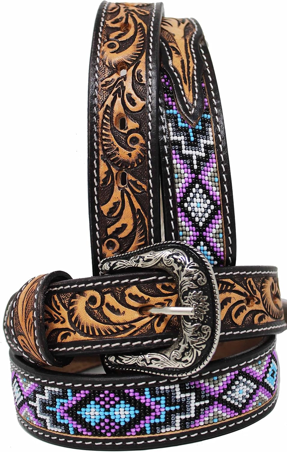 CHALLENGER Kids Youth Western Rodeo Floral Tooled Beaded Leather Belt 26RT12Kids