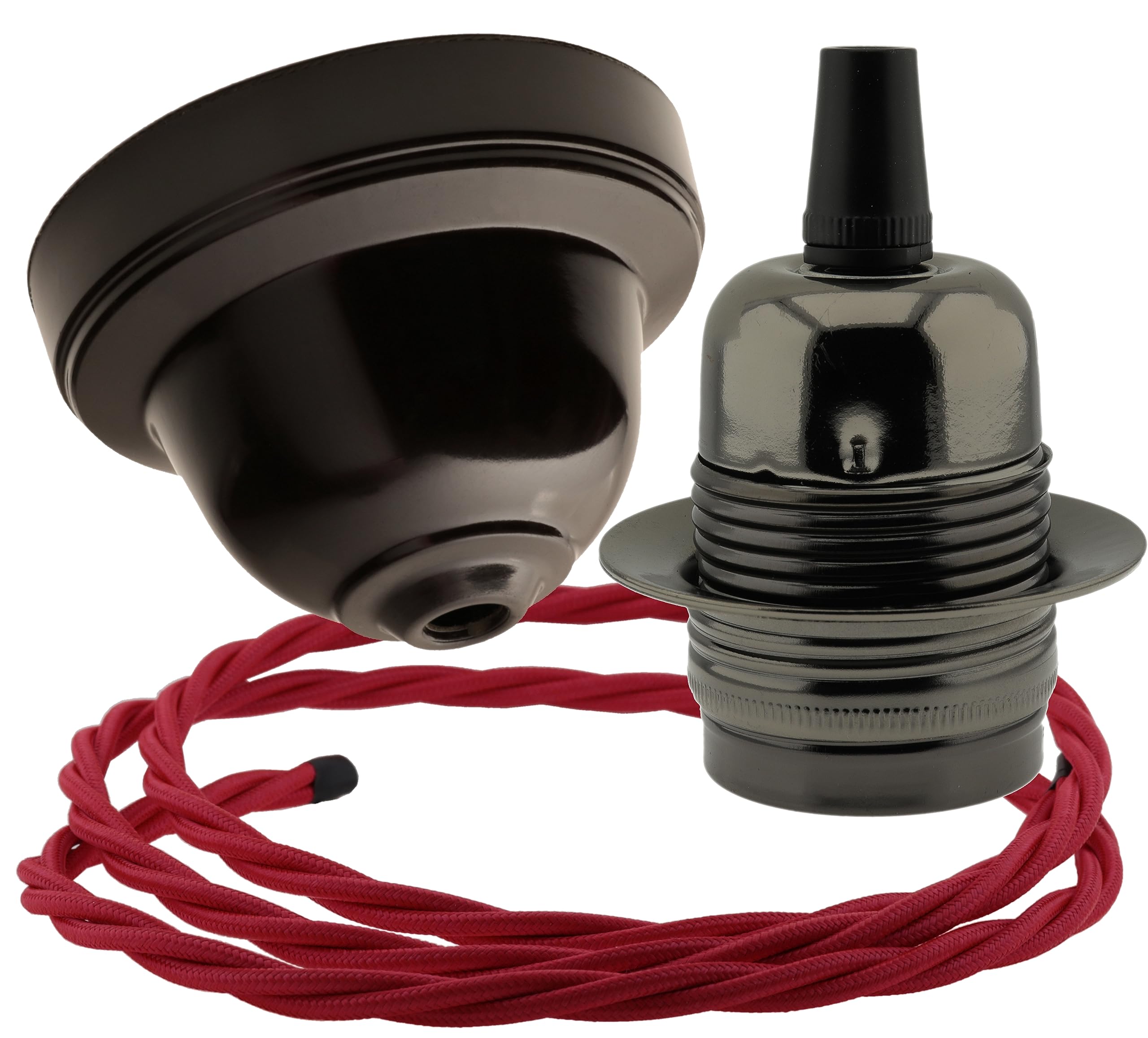 Repaireum Ltd. Vintage Styled Ceiling Pendant Kit incl. Black Bakelite Rose, Traditional E27 Lampholder in Antique Bras and 3 Core Bright Red Braided Twisted Flex