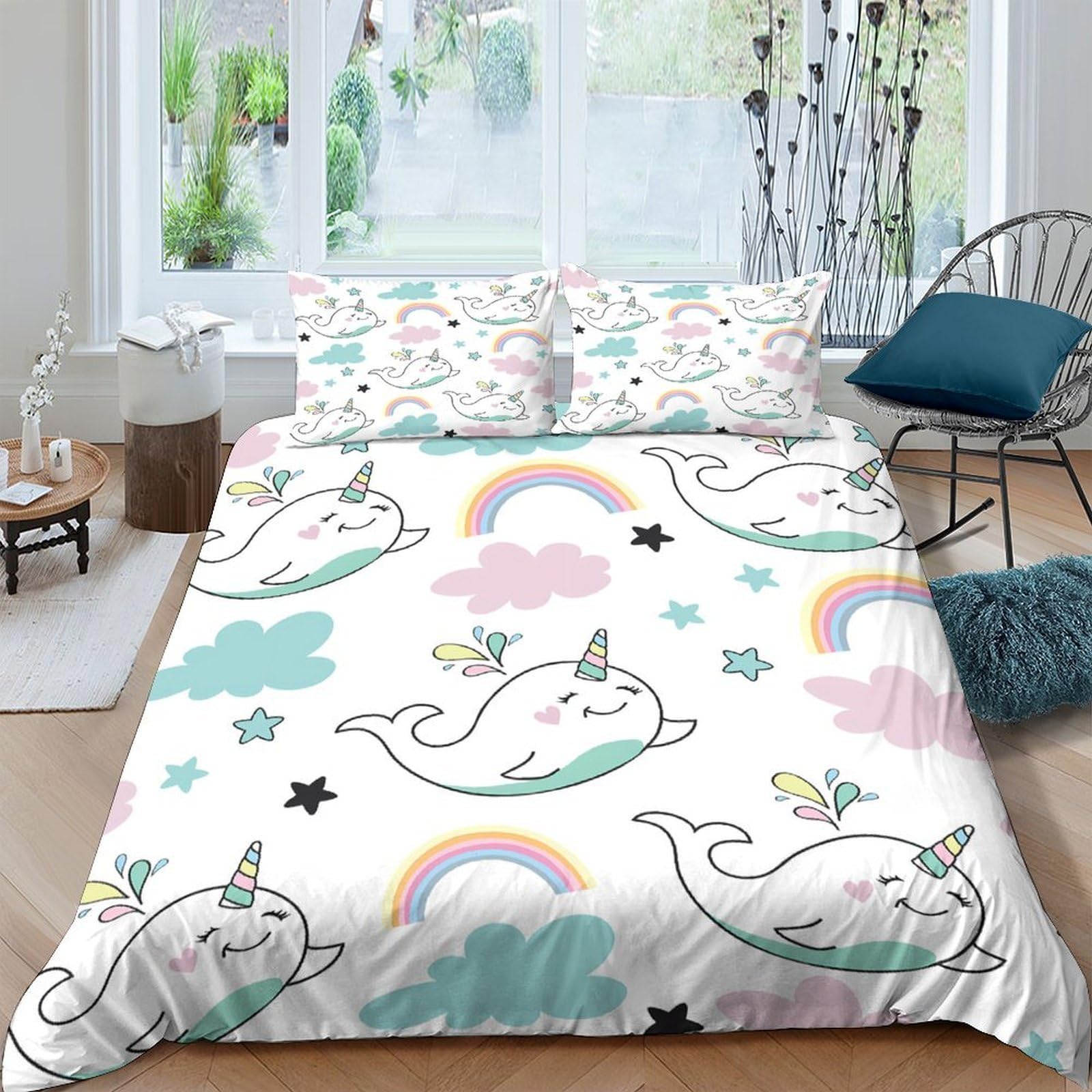 Ctjqhvkz Style-6 3D Printed Cartoon Narwhal Fitted Sheet Microfiber Rainbow Clouds Mattress Cover Anti-Slip Easy Care For Bedroom Dorm Home Decor Single（135X200cm）