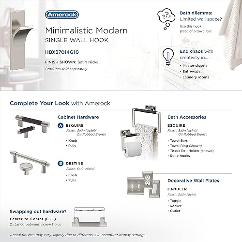 Miniatura 6 de Amerock HBX37014G10 - Gancho decorativo de pared Apex de una sola punta, gancho de níquel satinado para abrigos, sombreros, mochilas, bolsos,