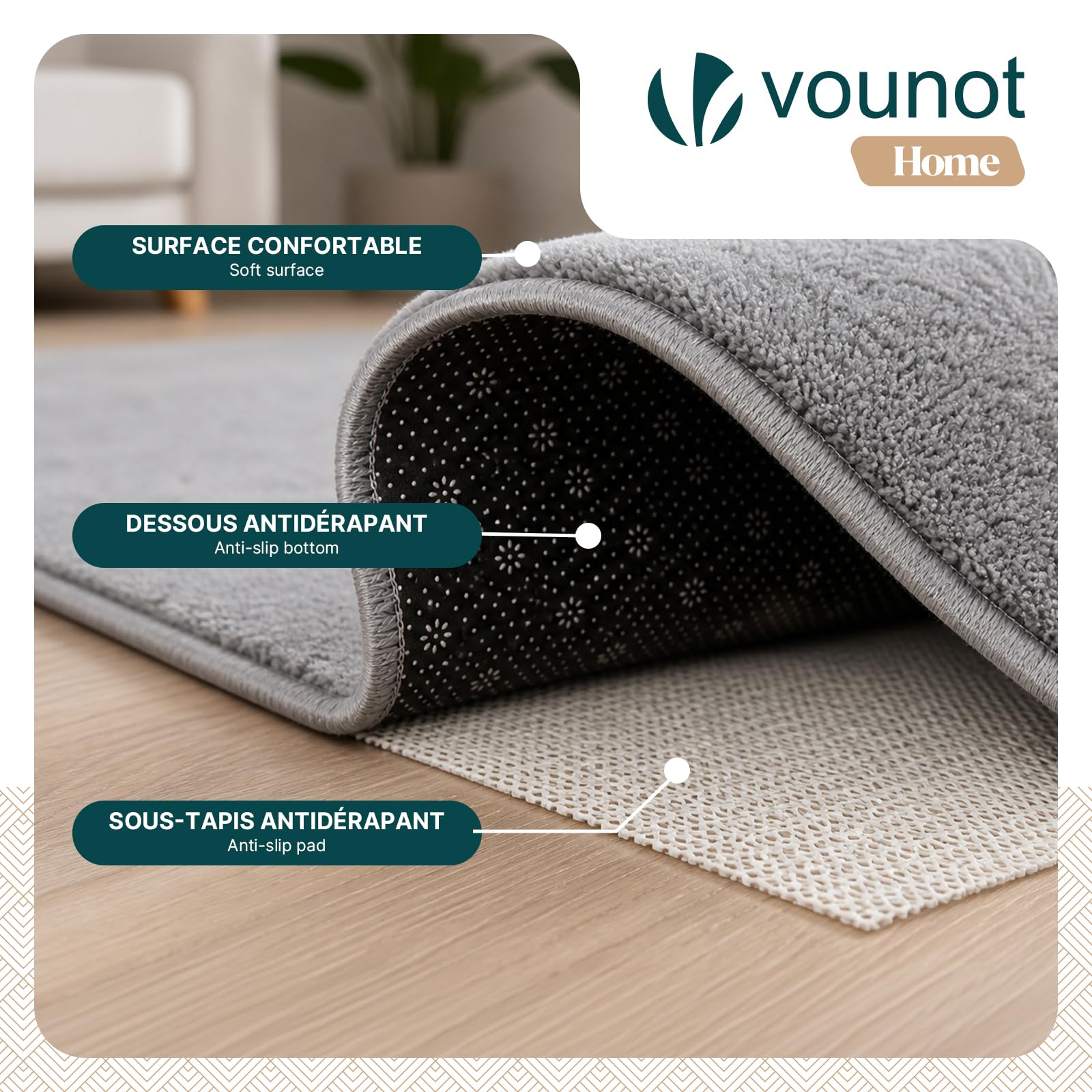 VOUNOT® Tappeto Morbido a Pelo Corto 200x300 cm, per Salotto e Camera da Letto, Lavabile in Lavatrice, con Doppio Sistema Antiscivolo, Stile Moderno, Grigio