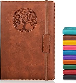 Biuwory A5 Leather Journal Notebook - 256 College Ruled Pages, Hardcover Tree Emboss, Faux Leather for Writing, Travel, Diary & Notes (Brown, 5.7x8.3")
