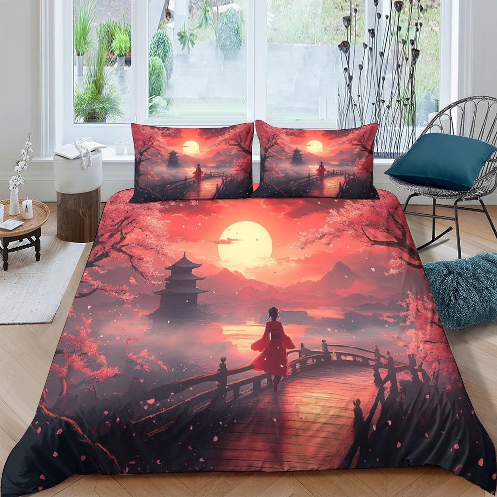 Ctjqhvkz Style-6 3D Printed Sunset Temple Fitted Sheet Microfiber Anti-Slip Japanese Bridge Mattress Cover For Bedroom Dorm Decor Single（135X200cm）