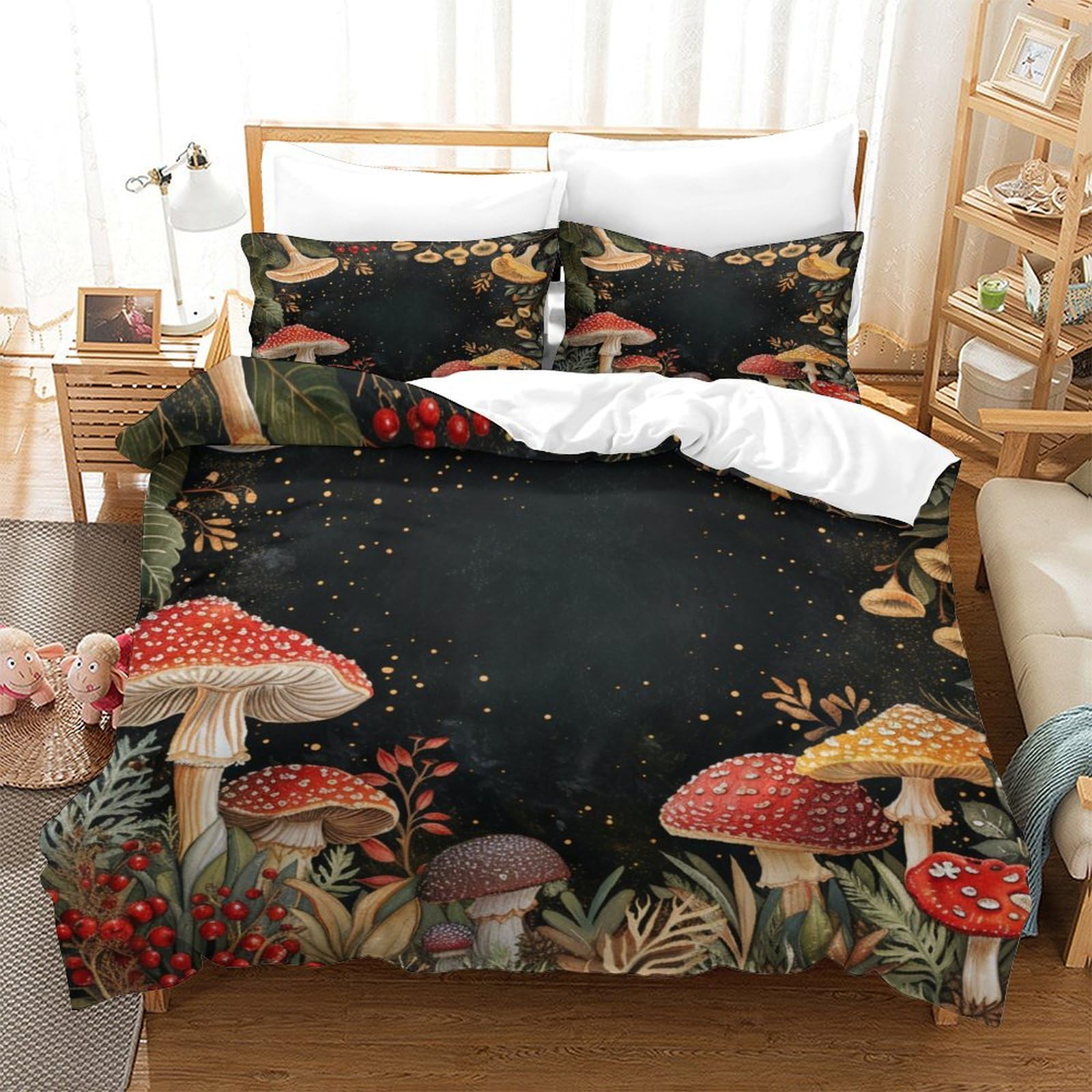 P1S9U7W5Y Enchanted Forest 3D Printed Mushroom 3pcs Microfiber Duvet Cover Set Natural Mushroom Bedding Set Single