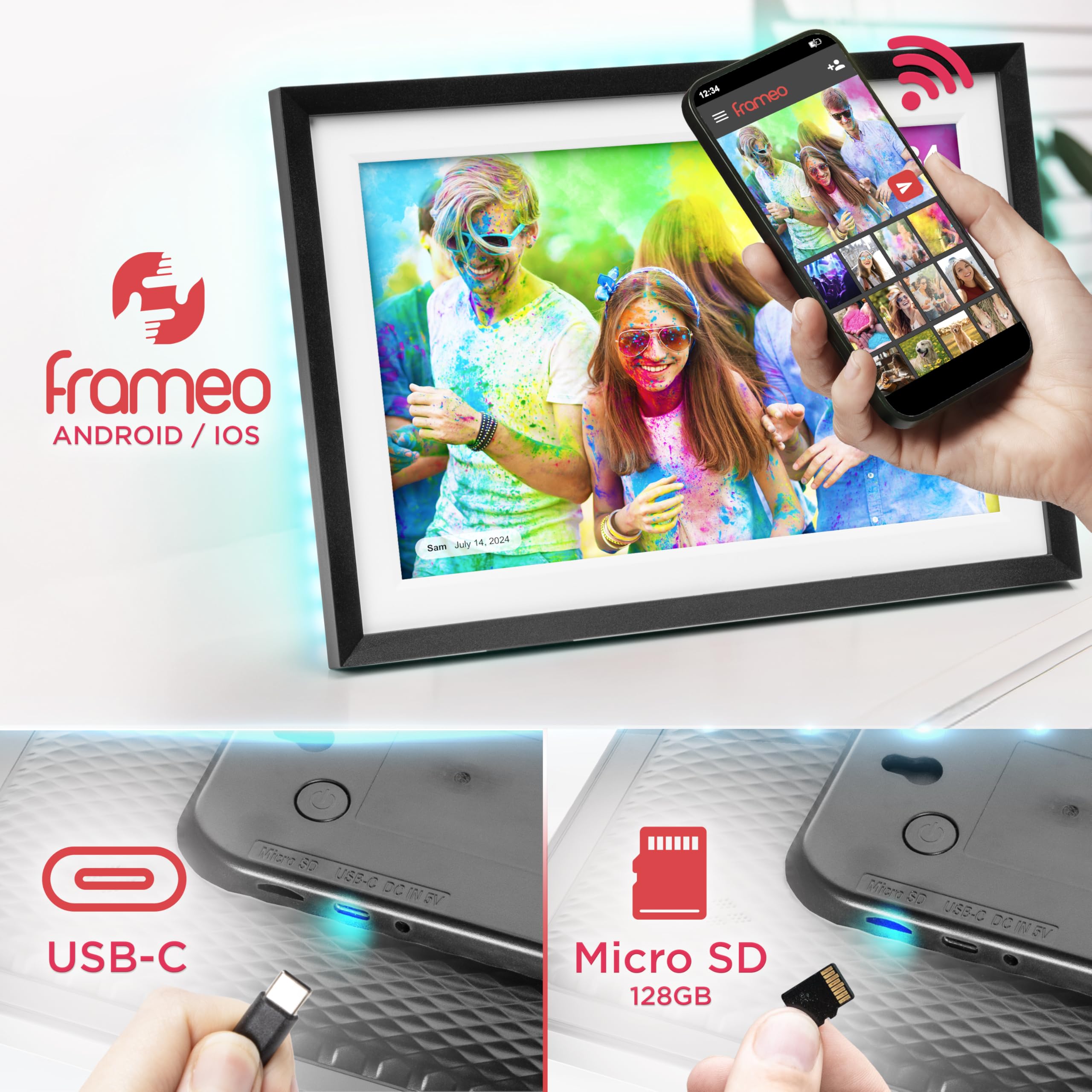Duronic Frameo PF2A BK Marco de Fotos Digital Conectado Pantalla táctil de 10,1 Pulgadas Reproductor de Fotos y vídeos de Alta resolución 1280 x 800 píxeles Memoria de 32 GB Cargador 5V/3A