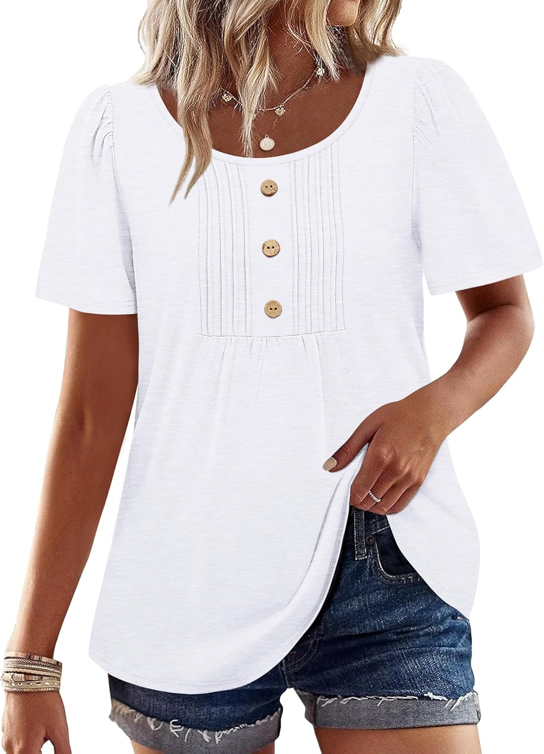 Womens Tops Dressy Casual Blouses Short Sleeve Shirts Plus Size Fashion Clothing Spring Summer Outfits Button Pleated Front