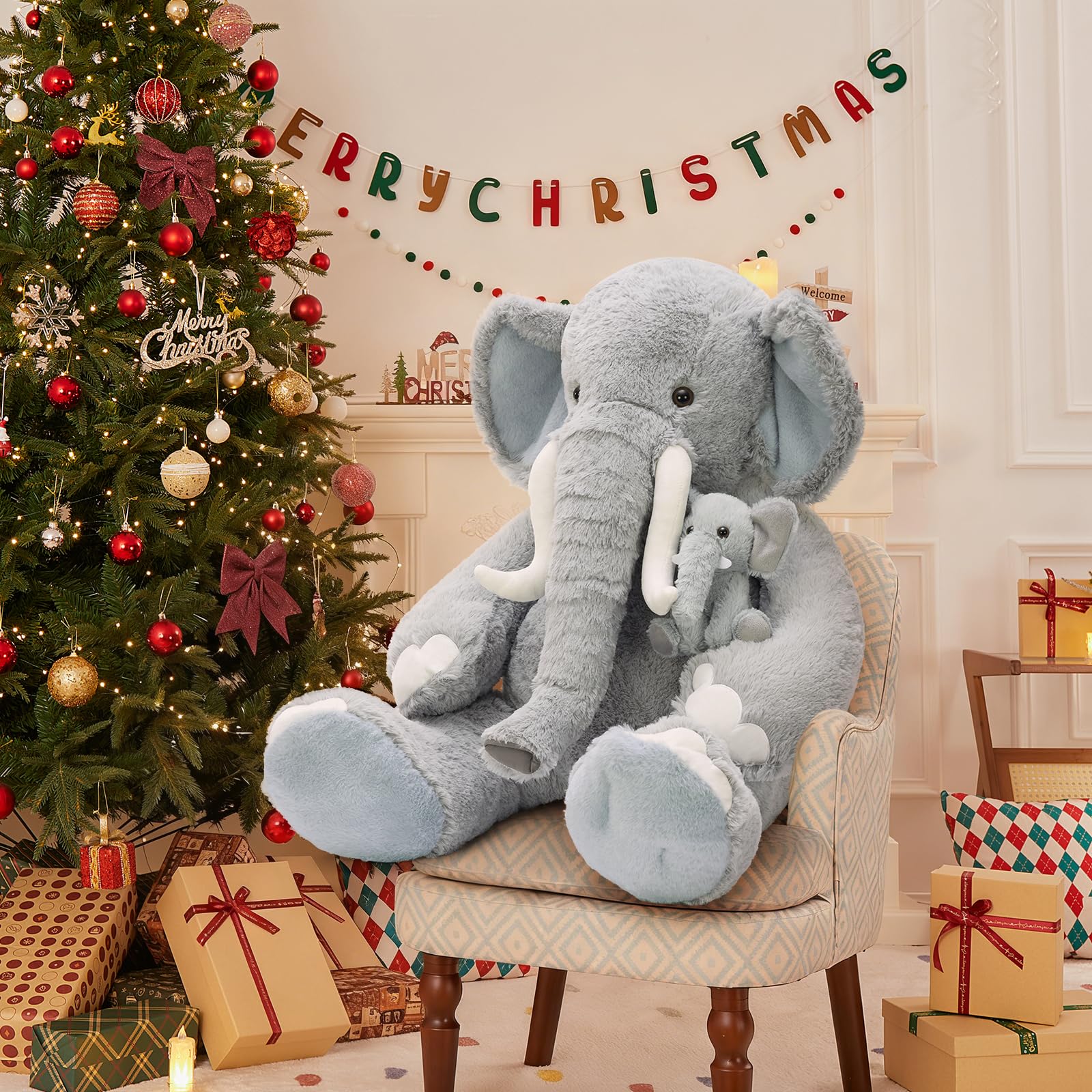 MorisMos XXL Elefante Peluche Gigante, 100cm Realistico Grigio Elefante Grande, Kawaii Morbido Animali di Peluche Regalo per Fidanzate Bambini Compleanno Natale Deco