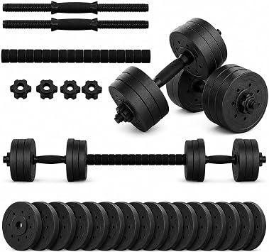 Adjustable Dumbbell Barbell Weight Set - Dumbbells with Connecting Bar, Cement Filled Weight Plates & Spinlock Collars for Home Gym Strength Training