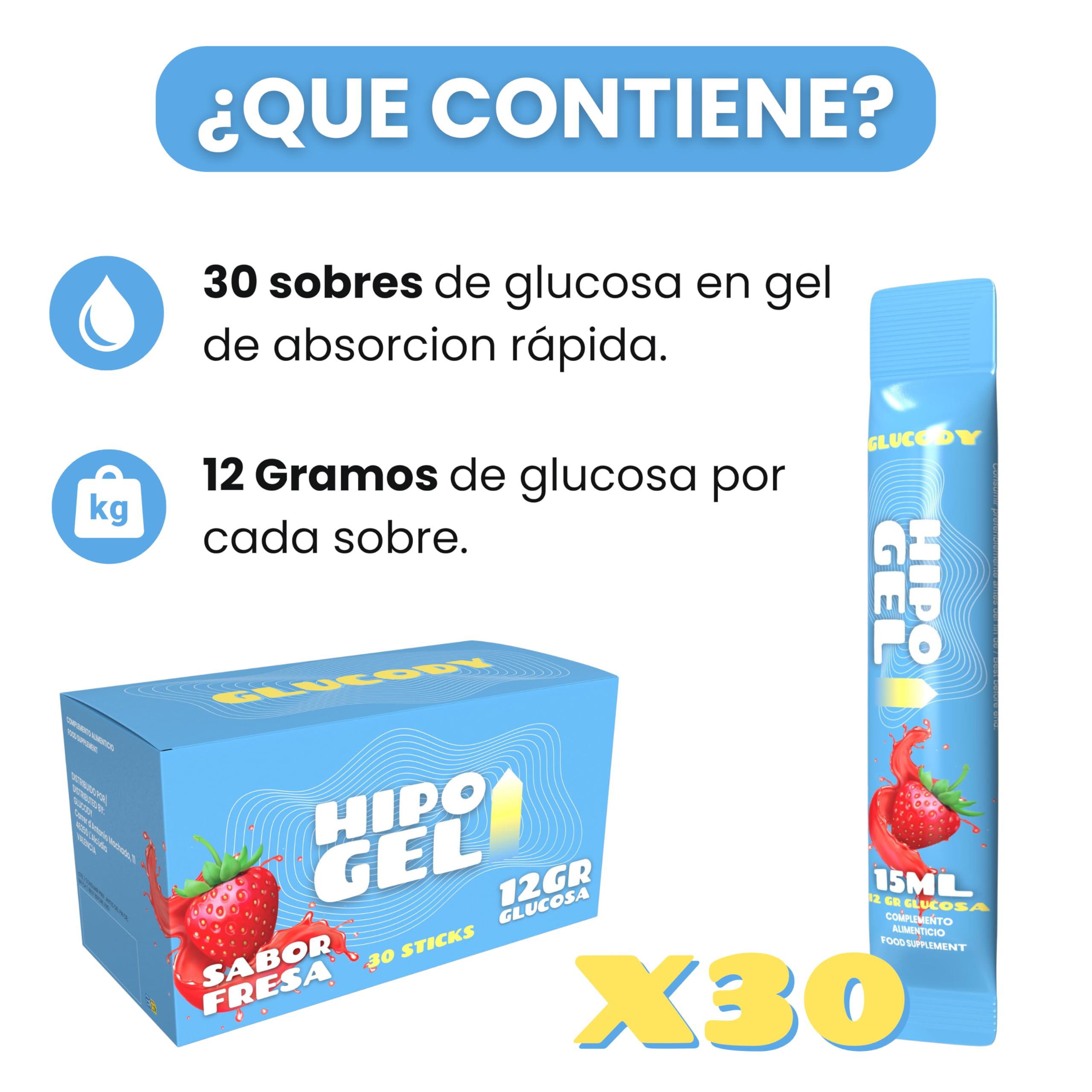 Gel De Glucosa Para Hipoglucemias / 30 Sobres x 12g De Glucosa Liquida De Absorcion Rapida - Glucody