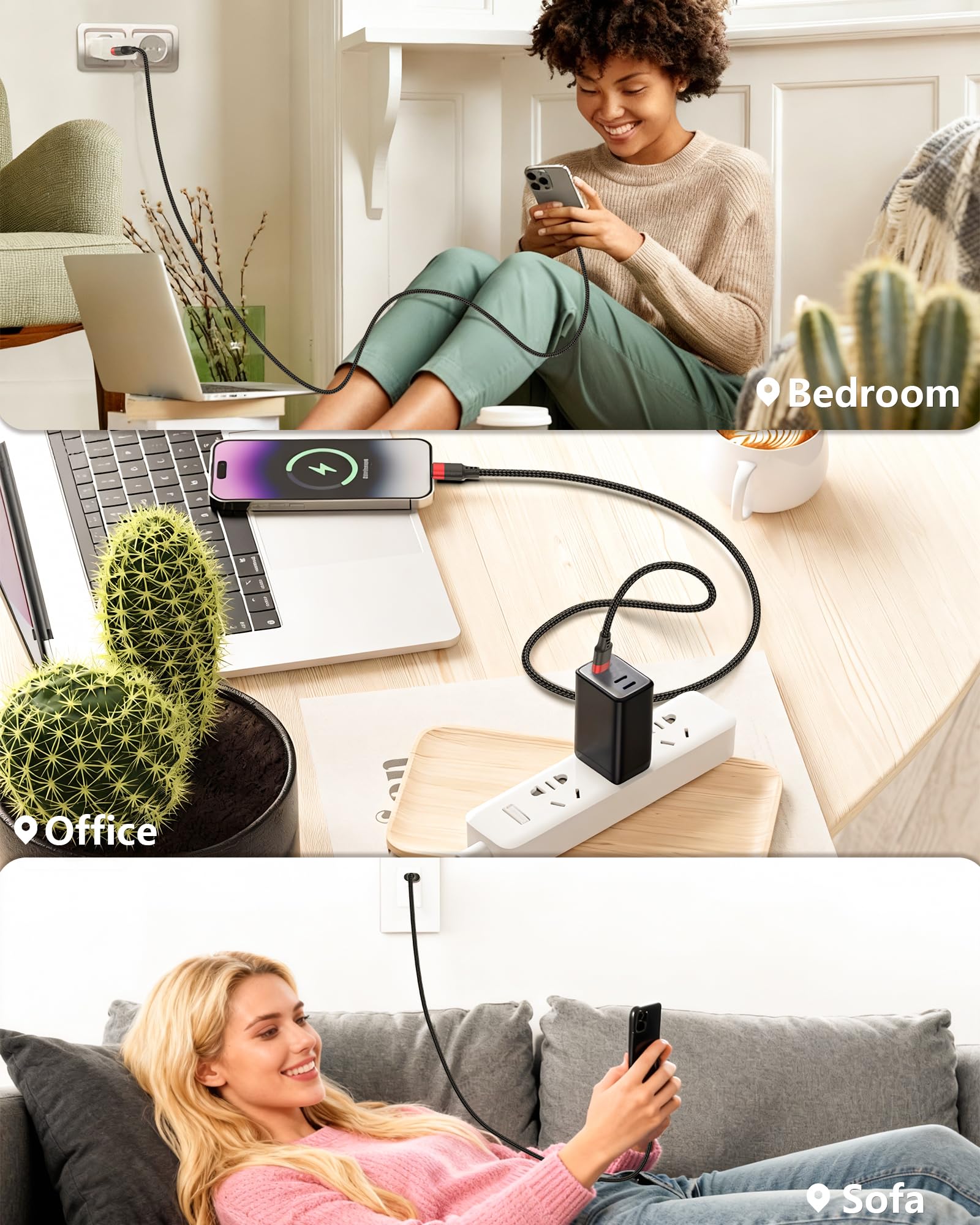 Cavo da USB C a USB C da 0,9 m, confezione da 3 cavi da USB C a USBC, cavo intrecciato USB C da 0,9 m, ricarica rapida per iPhone 16, 15, Samsung Galaxy S24, S23, S22, Note 20, A50, Moto, LG, iPad Pro
