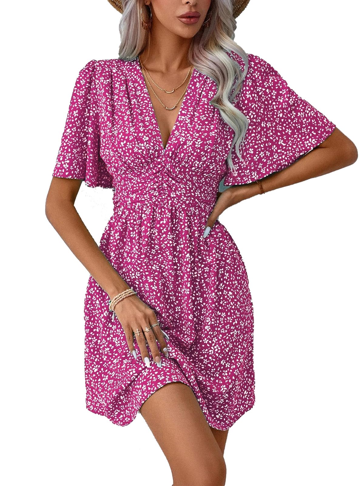 LIAMERHE Vestido Manga Larga/Manga Corta Mujer Casual Vestidos Largos Cuello en V Elegante Vestido de Manga Farol Vestido línea A Mangas Mariposa