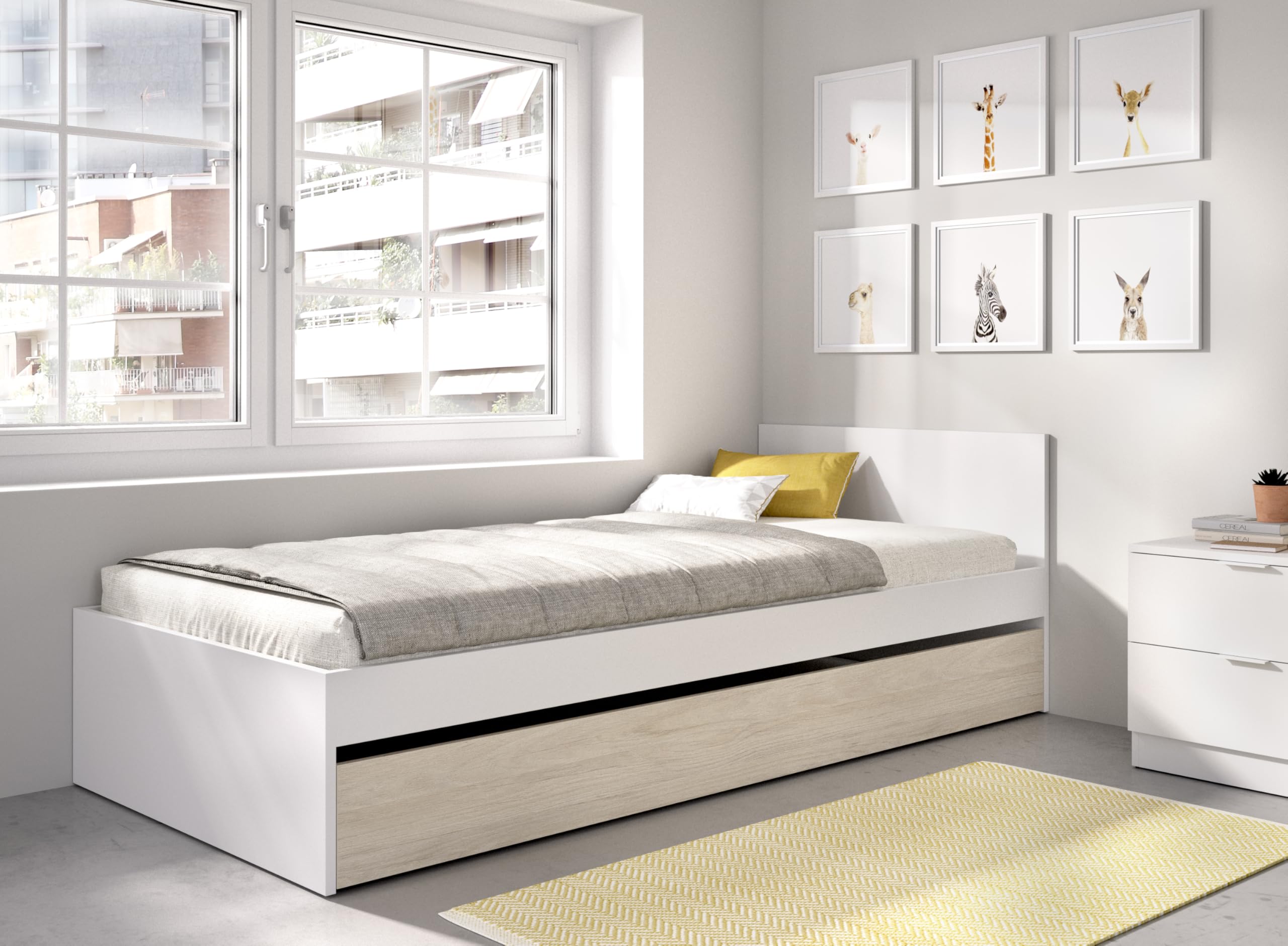 DEKIT Grupo RIMOBEL Top - Cama de 90X190 con Arrastre - Blanco/Natural - 67 x 95,8 x 194,8