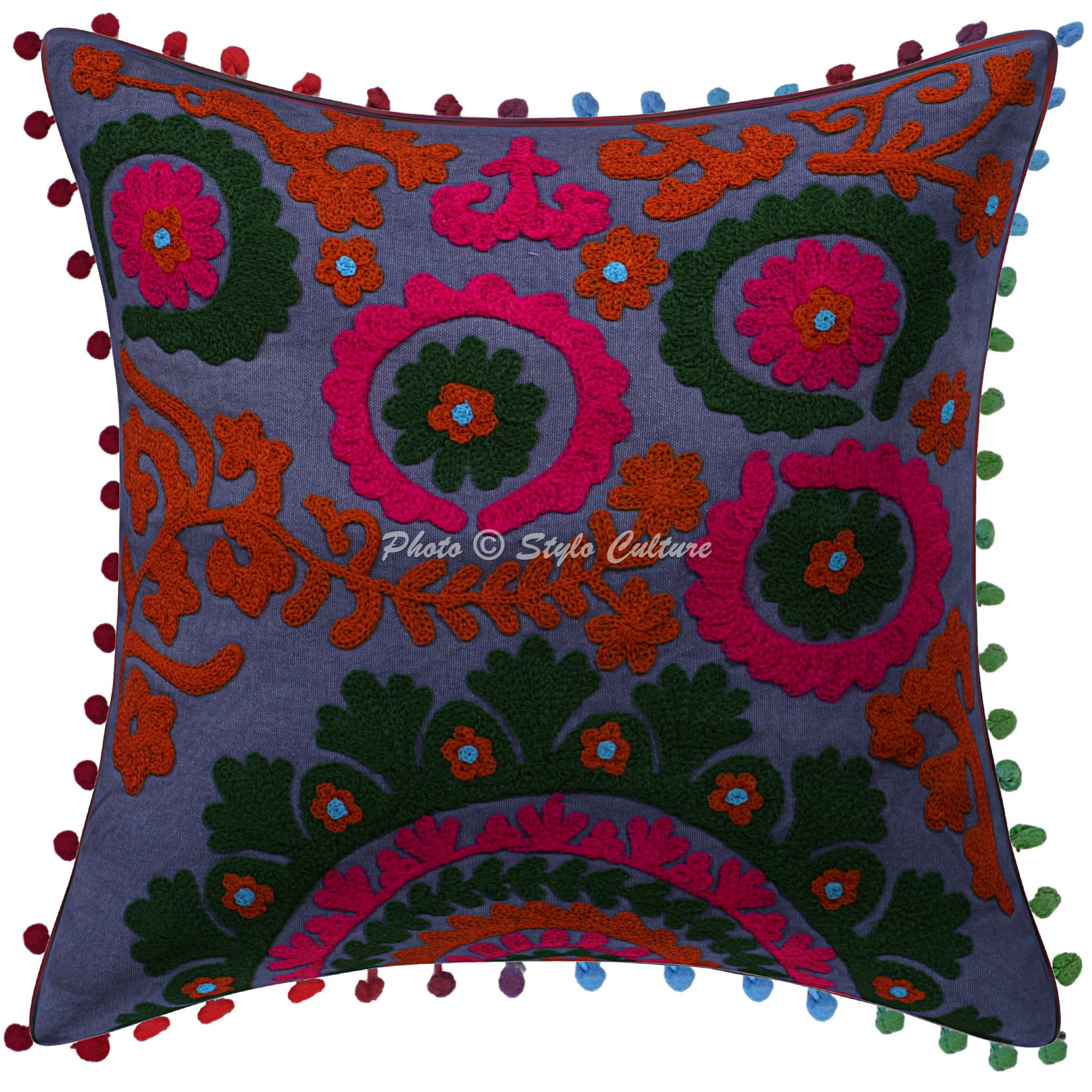 Indische Dekorativ Baumwolle Sofa Kissenbezüge 40x40 cm Grau Dekokissen Suzani Bestickte Pom-Pom-Spitze Wohnzimmer Couch Kissenhullen Blumen Quadrat Reißverschluss Kissen Bezüge - 4 Stk.