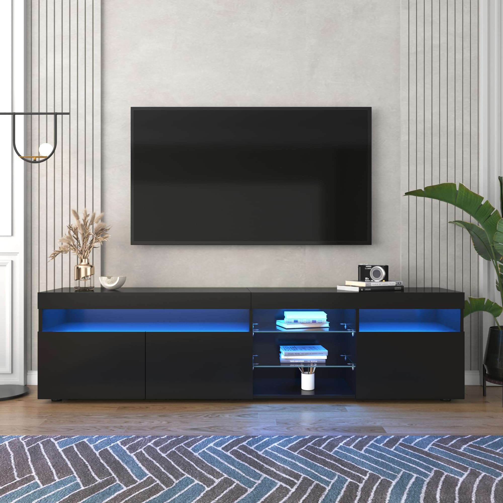 Moimhear Hogar y Vivienda, Muebles, Sala de Estar, Moderno Mueble de TV, Panel Brillante, iluminación LED Variable, salón y Comedor 180 cm (Negro)