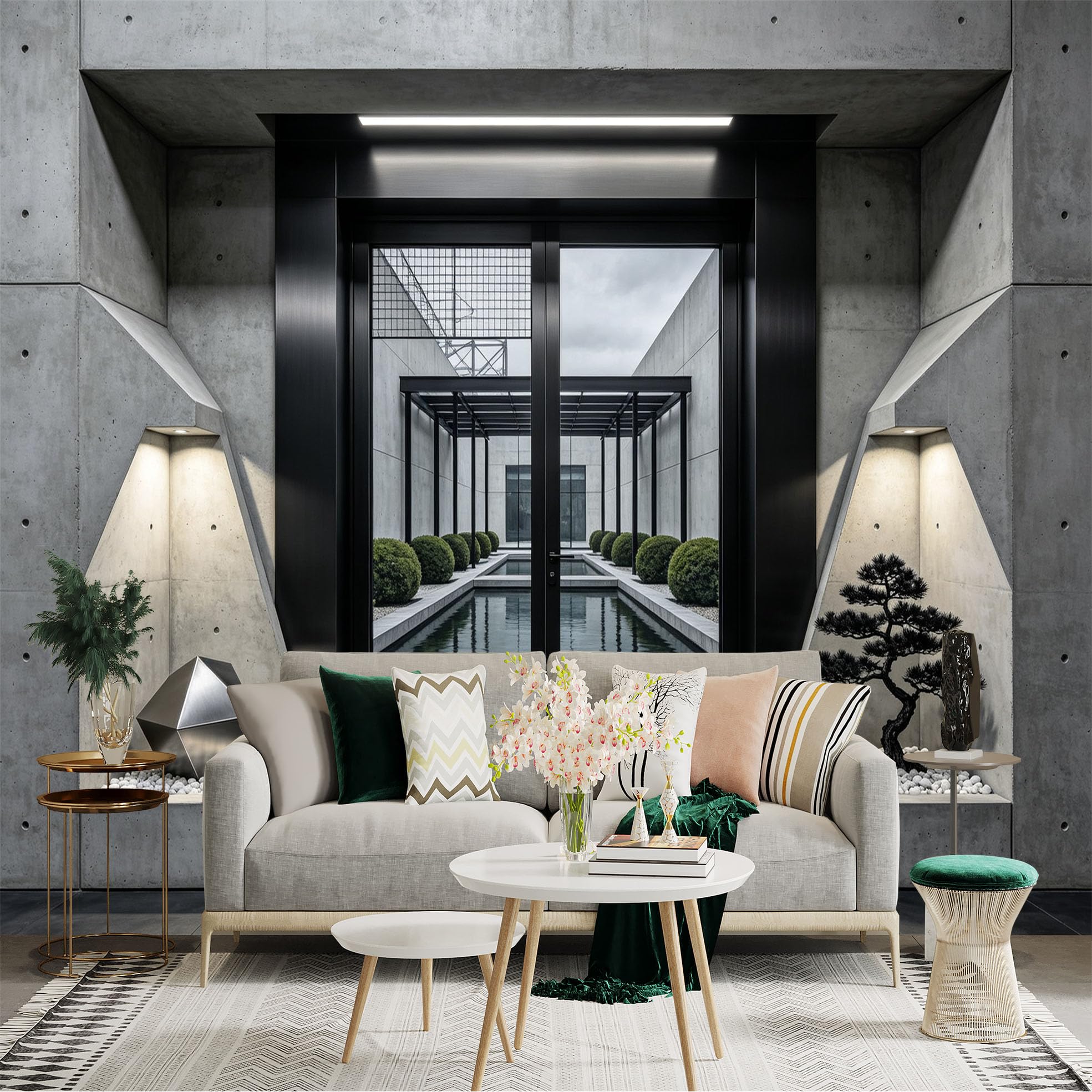 Custom Size Wall Sticker Mural， Modern Concrete Courtyard with Reflecting Pool and Zen Garden， for wall Decoration， peelandstick wall Decals.
