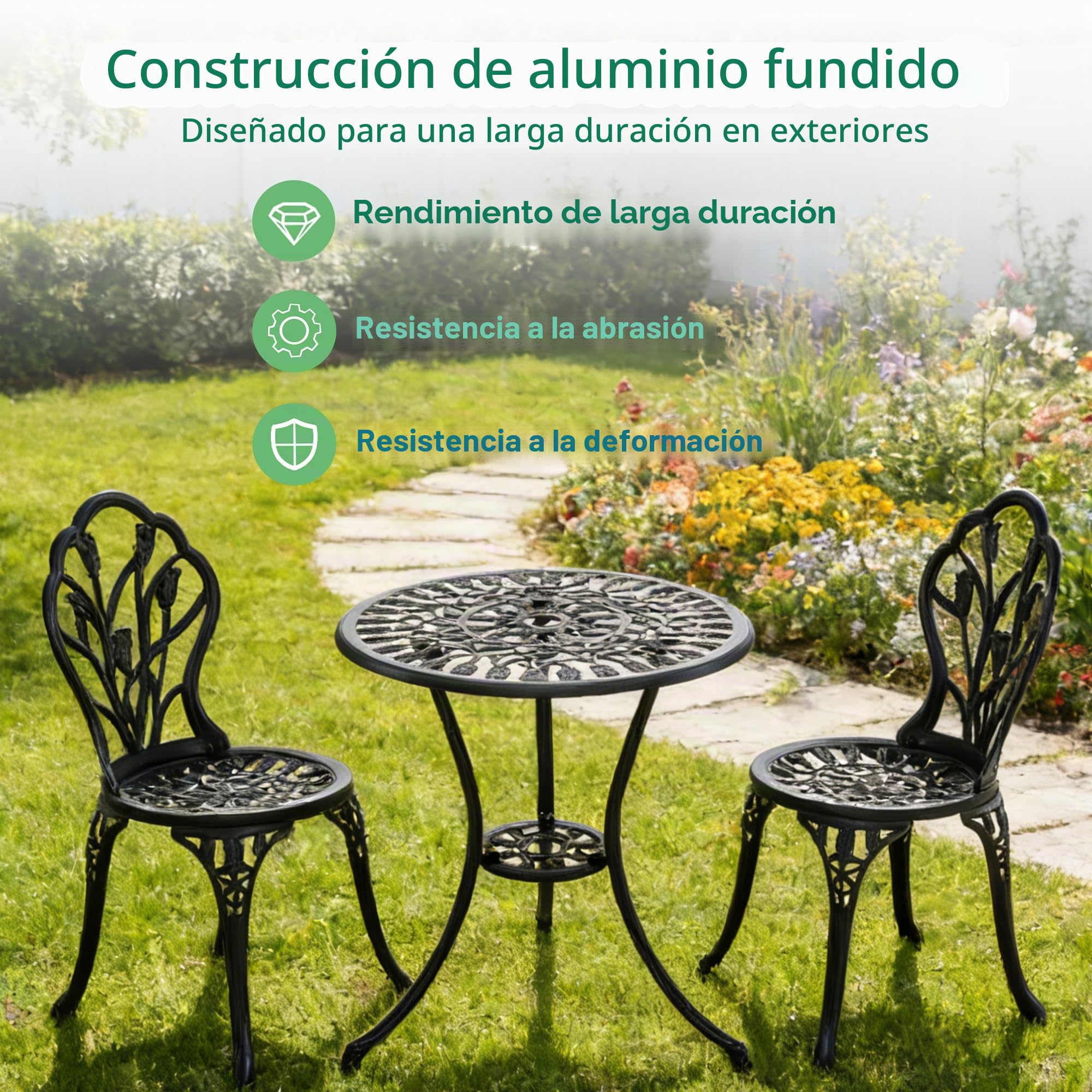 GIANTEX Juego de mesa de bistró de aluminio fundido - Juego de 3 piezas - Mesa con 2 sillas para jardín, balcón y piscina - Color verde bronce / blanco (tulip negro)