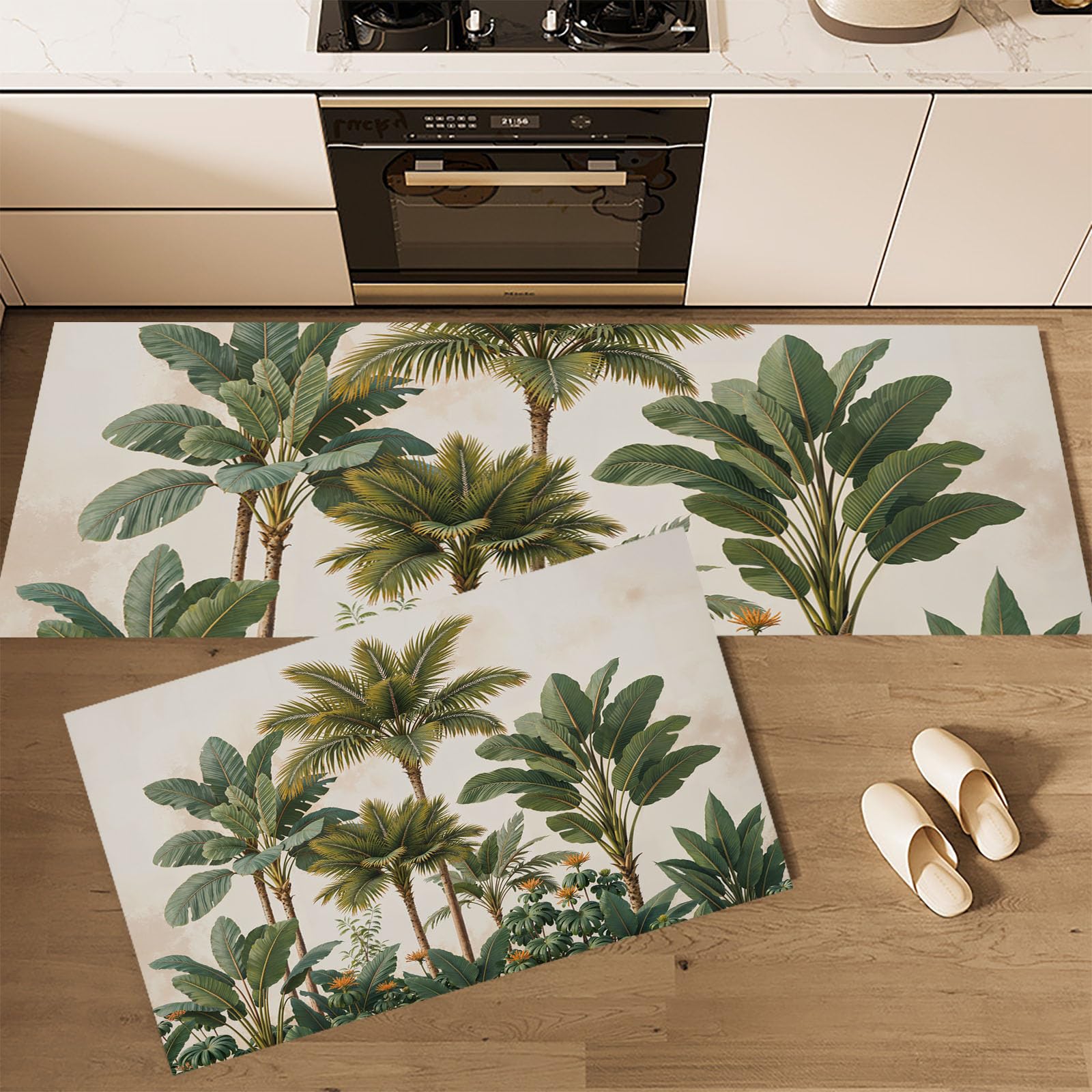Tapis de cuisine antidérapants vert lot de 2 lavables motif palmiers bananiers pour maison