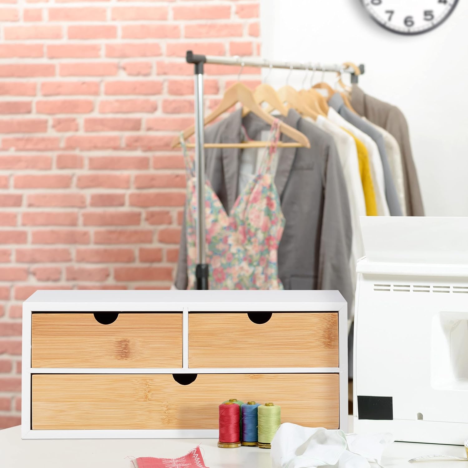Relaxdays Desk Organiser, Bamboo 40% fibreboard, White/Natural, 14 x 33 x 21 cm