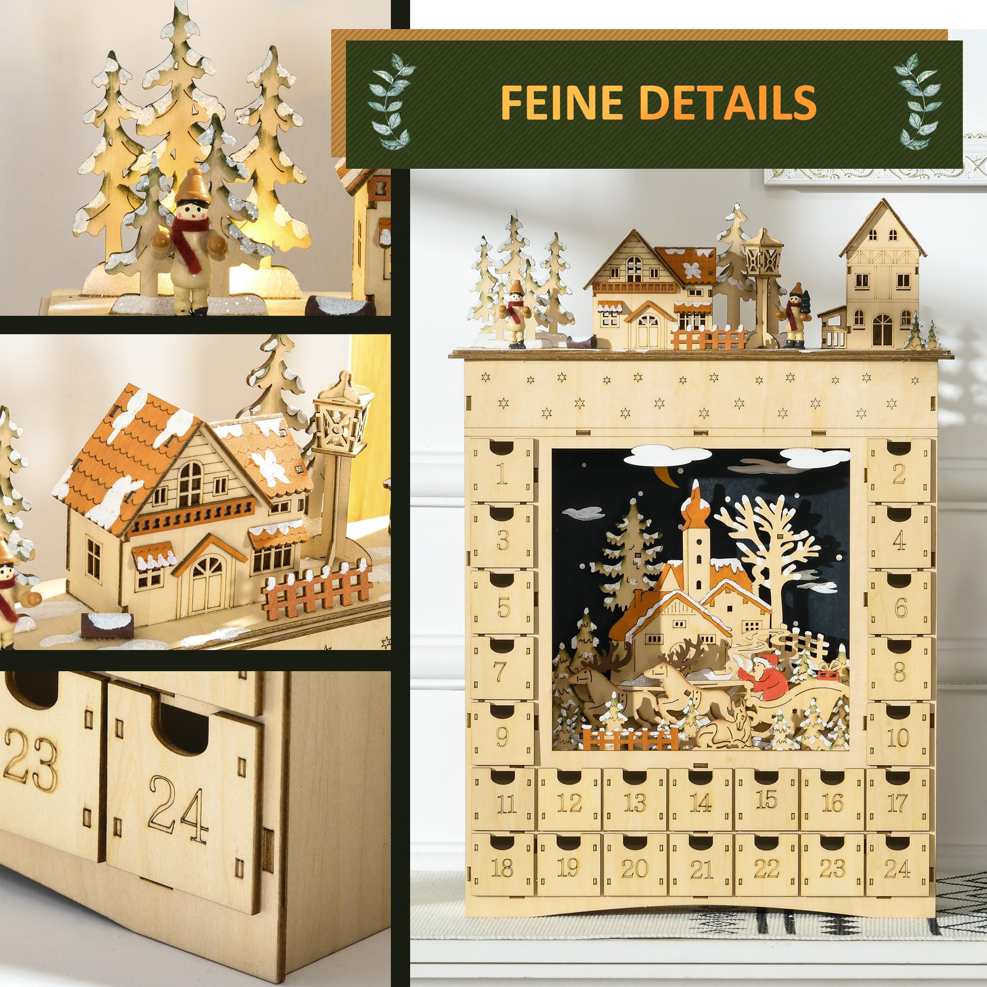 HOMCOM Adventskalender zum Befüllen LED-Lichtern Naturholz 36 x 9 x 52 cm | 24 Schubladen Fächer, Weihnachtskalender, Adventskalenderbox, Weihnachtsdekoration, DIY