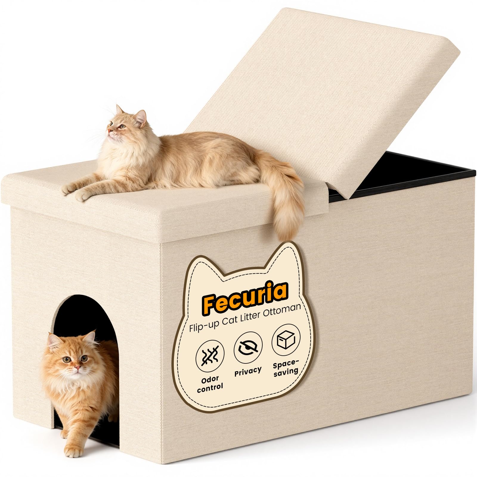 3-in-1 Cat Litter Box Enclosure with Odor Control, Multi-Functional Hidden Litter Box Furniture Bench, Dog Proof, Space-Saving Ottoman Cabinet with Flip-Up Lid, Storage Footrest, Beige