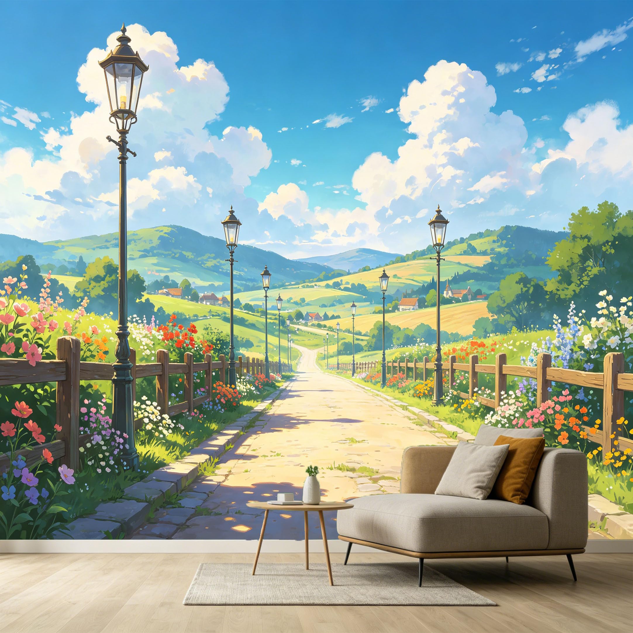 Custom Size Wall Murals Farmhouse American Country Landscape Scenic Path Street Lamps Floral Fields SelfAdhesive Wall Fabric Removable Large Wallpaper for Photo Living Room