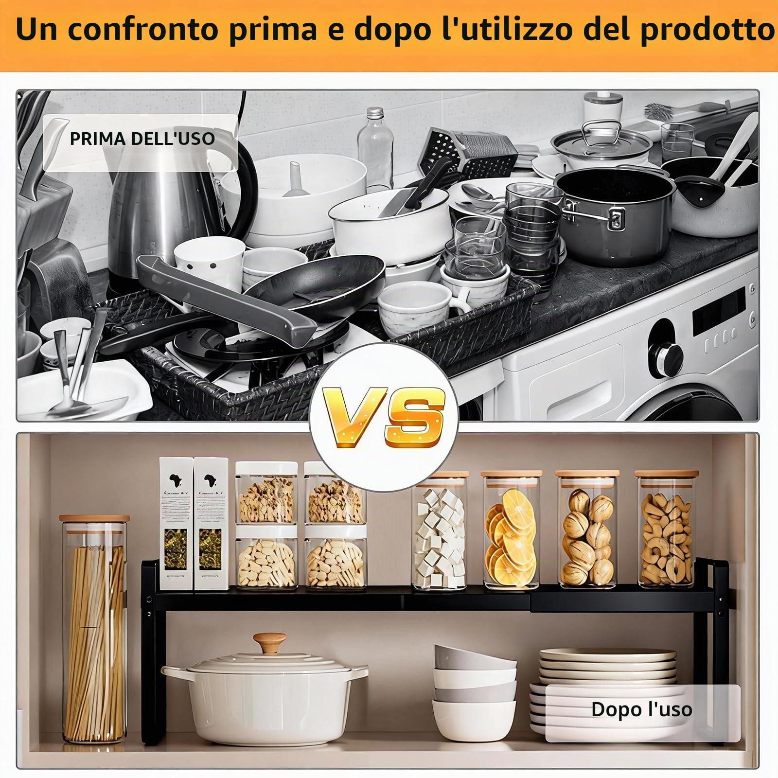 PORFOYO Mensola espandibile per armadio da cucina, organizer da 35 – 65 cm, regolabile, per scaffali, portaspezie, impilabile, per la casa, la cucina, (lunghezza x larghezza x altezza): 35 – 65 cm