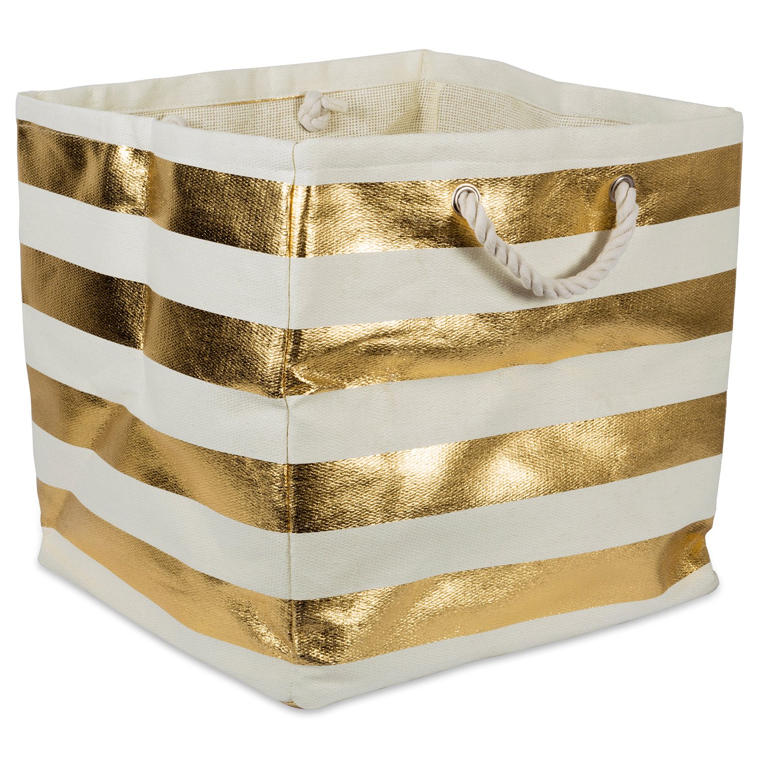 DII Oversize Woven Paper Storage Basket or Bin, Collapsible & Convenient Home Organization Solution for Office, Bedroom, Closet, Toys, & Laundry (Large Square 16x16x16") - Gold Rugby Stripe