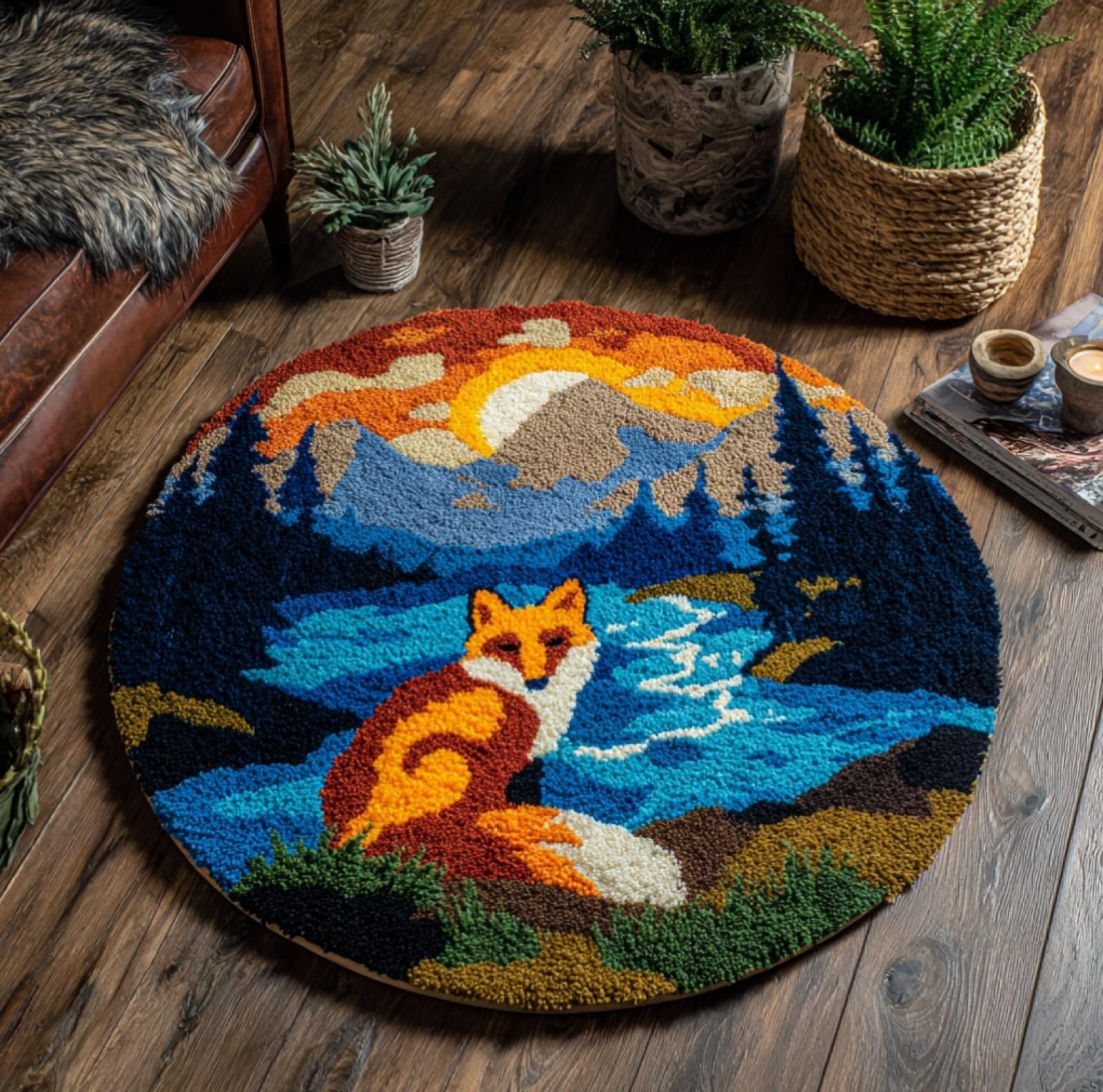 WallustrioaW Latch Hook Rug Kits for Adults,Fox by the River,Crochet Kits for Beginners,DIY Cross Stitch Cushion Craft with Yarn and Crochet Hook,50x50cm