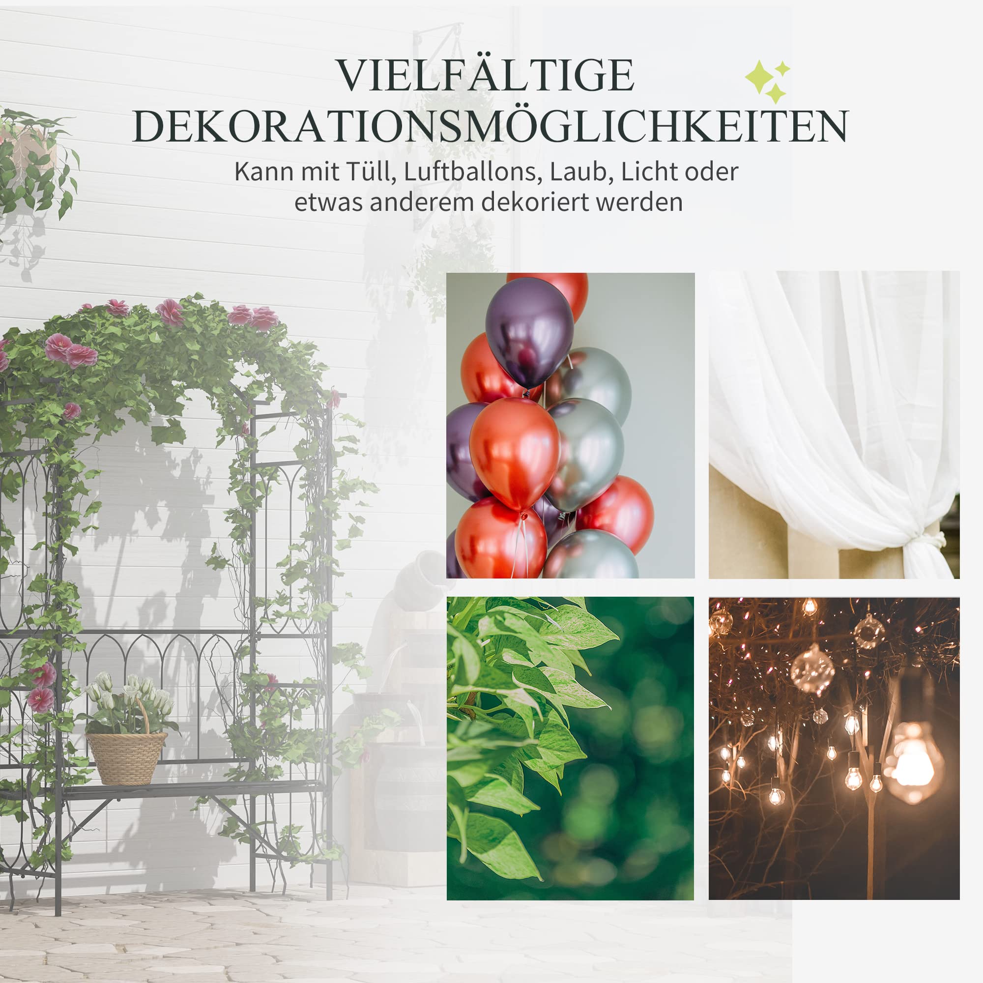 Outsunny Rosenbogen aus Metall Rankhilfe für Kletterpflanzen Gartenbogen mit Bank Spitze Rankbogen Torbogen für Rosen Bögen Rosenhilfe Rankgitter für Garten 115 x 50 x 203 cm Schwarz