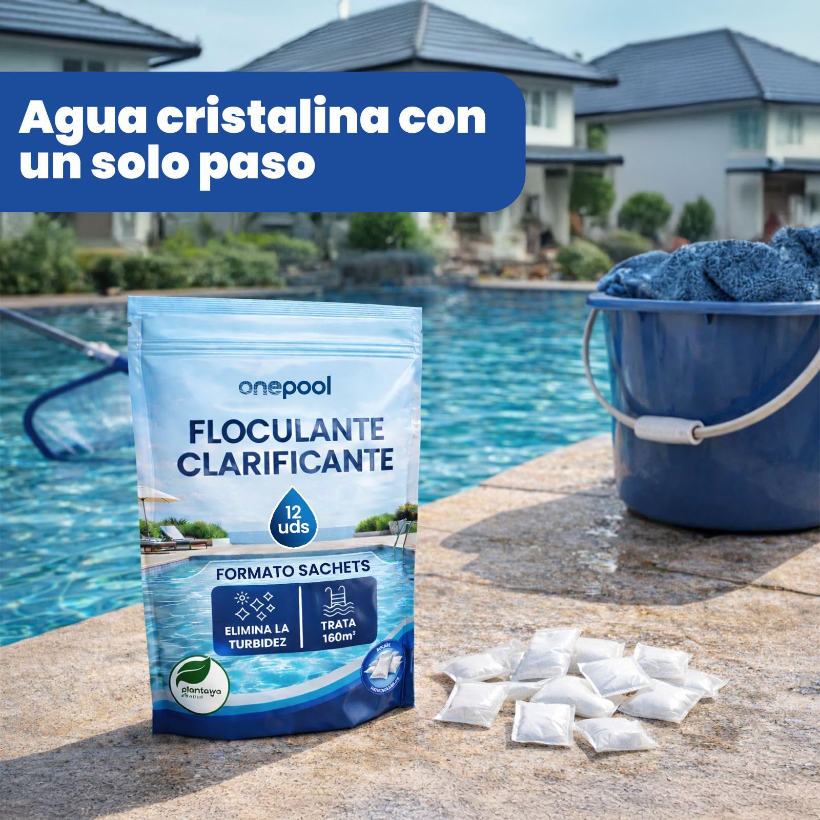 PLANTAWA Flocculante in polvere 12 bustine | Flocculante Chiarificante per Piscine, Equivale 1,5 KG, Eliminatore Turbidità, con Ingredienti Origine Naturale, Vegano, Tutti i Tipi Piscine, SPA