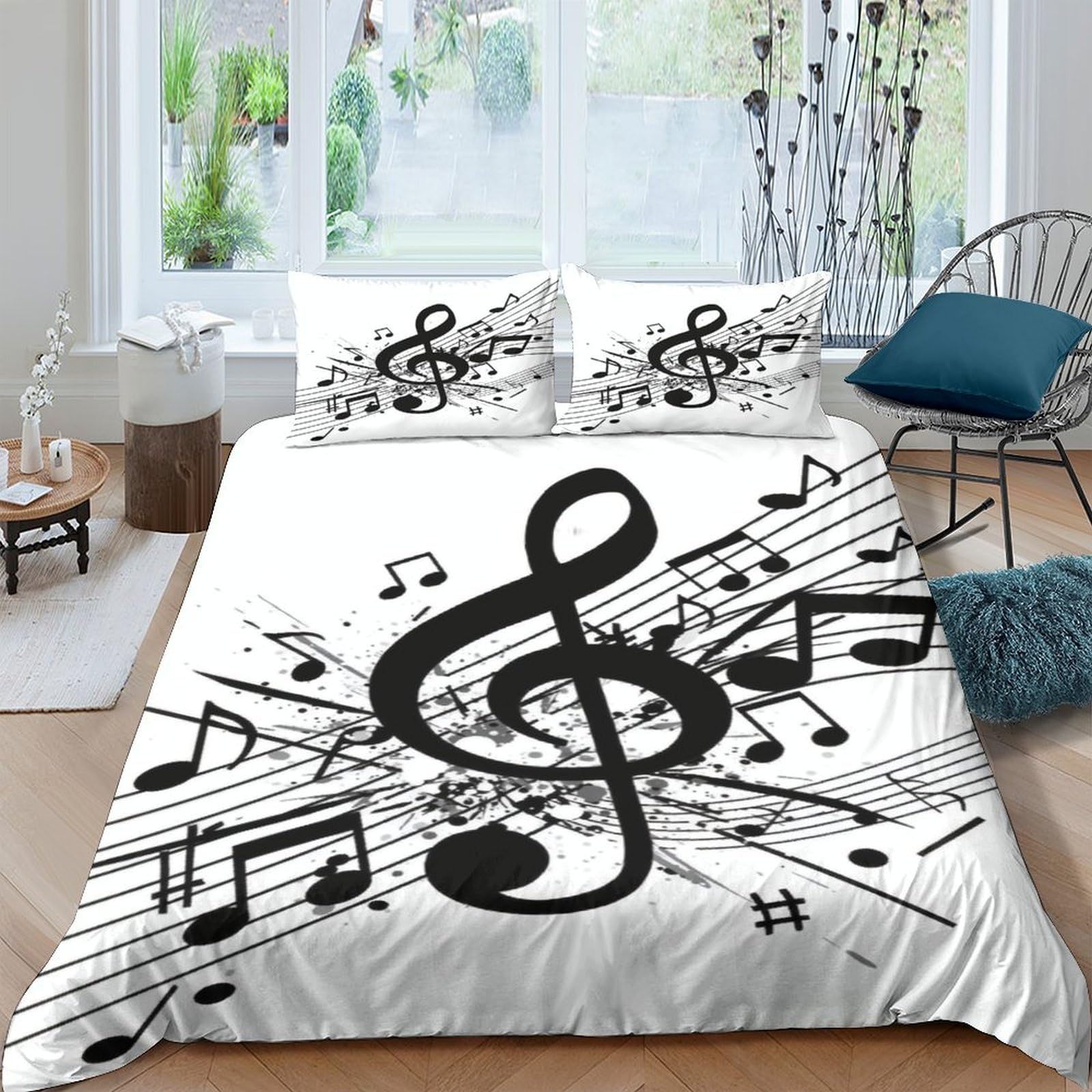 Ctjqhvkz Style-3 3D Printed Musical Note Fitted Sheet Microfiber Black White Music Sheet Bed Cover For Bedroom Dorm Mattress Decor Single（135X200cm）
