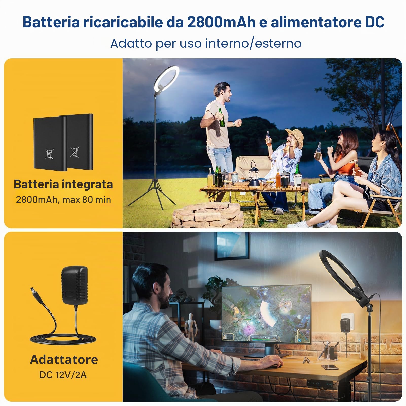 Unicucp 12'' Luce ad Anello LED con 160cm Treppiede Alto, Luce per Selfie con Potenza 2800mAh Ricaricabile, Ring Light con Porta Cellulare per TikTok, Trucco, Fotografia, Youtube e Video Selfie