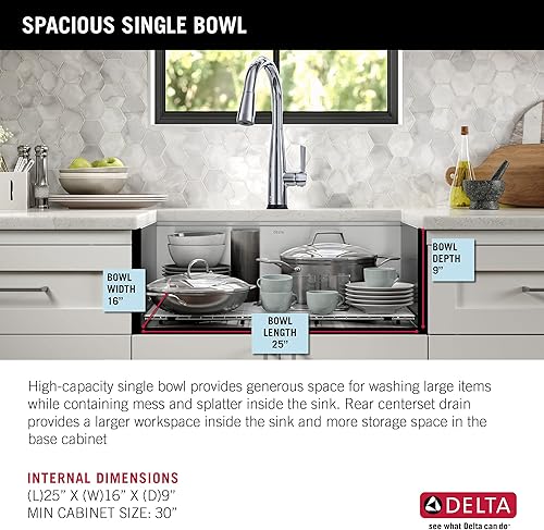 Miniatura 7 de DELTA FAUCET Rivet 95B931-27S-SS - Fregadero de cocina con estación de trabajo de 27 pulgadas, cuenco individual de acero inoxidable calibre 16 con