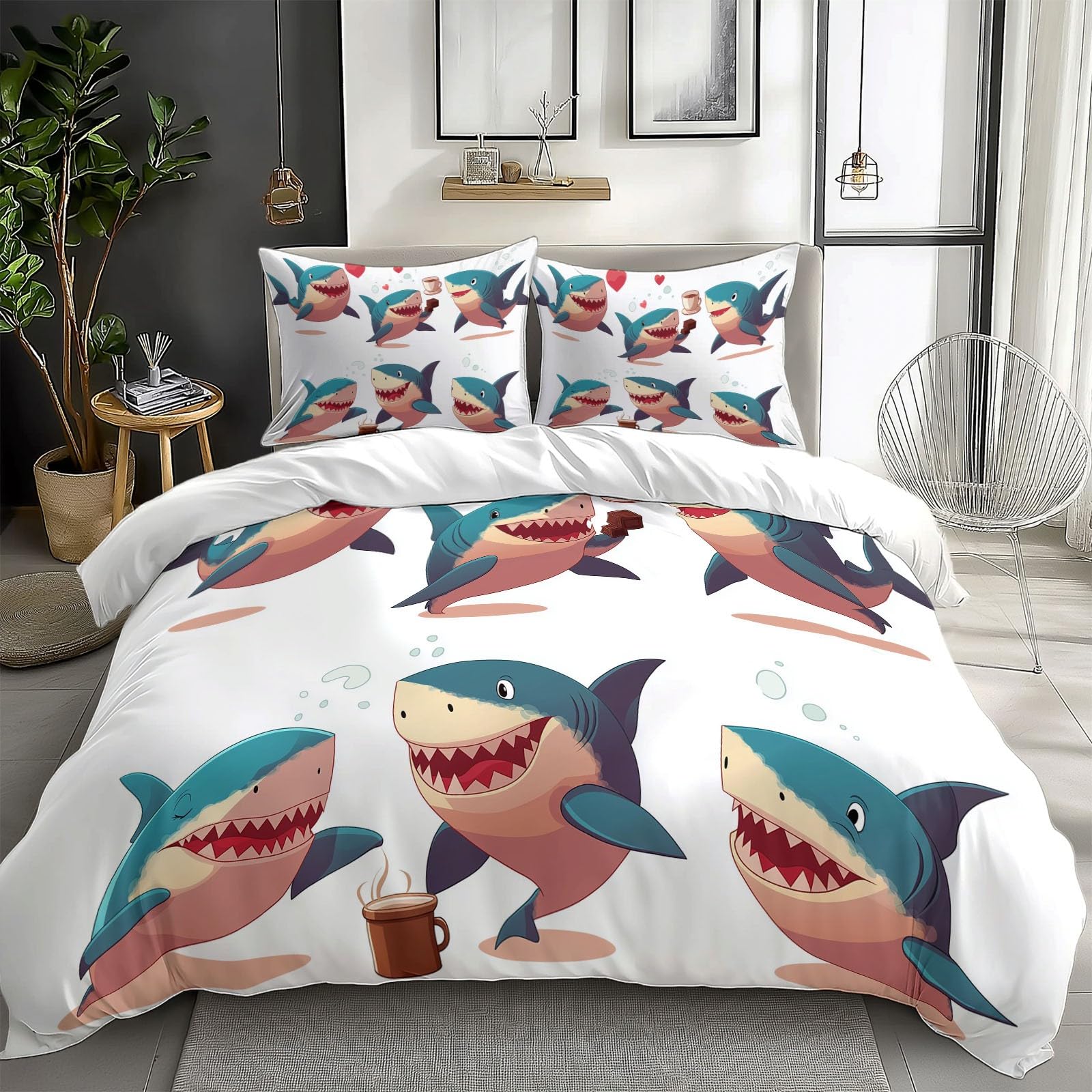 Housse de couette requin 160x200 cm avec taies pour lit enfant