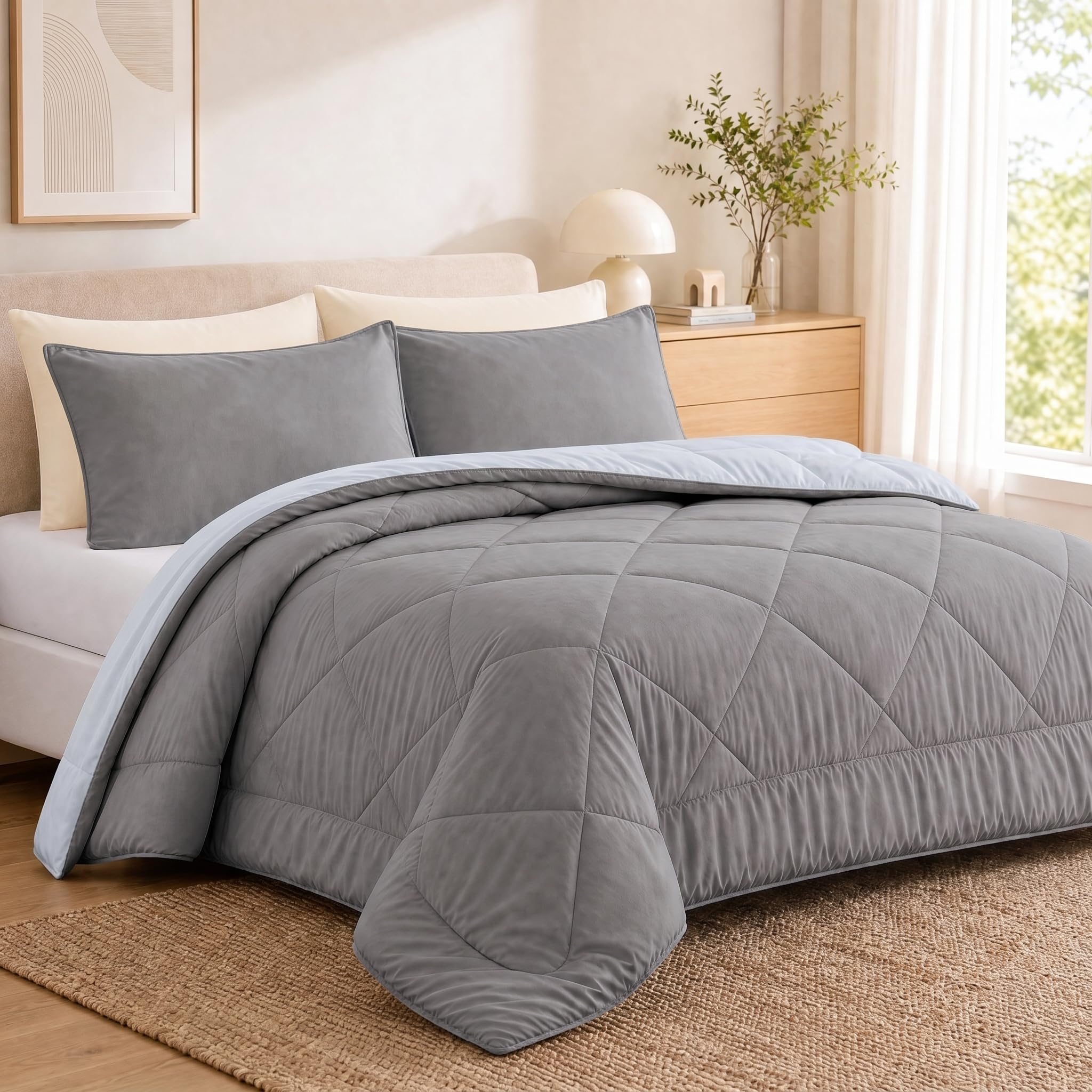 VelvetMis Coverless Duvet Double 10.5 Tog - 200x 200cm, Light Grey And Off White Quilt, Reversible Comforter with 2 Pillowcases โ image 1