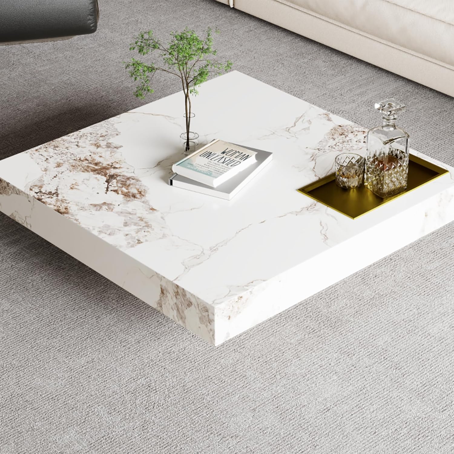 Modern Coffee Table for Living Room, 43.31" Large Square Living Room Table Sintered Stone Tabletop with Gold Stainless Steel Legs, Center Table for Home Office