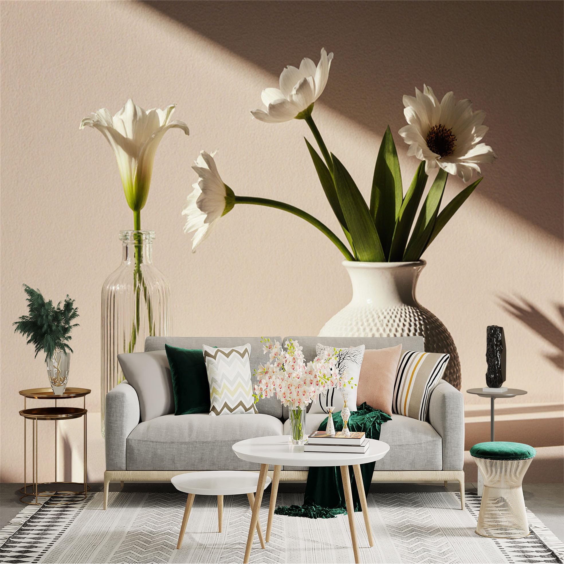 Custom Size Wall Sticker Mural， White Flowers in Ceramic Vase， Minimalist Floral Art， Elegant Still Life， for wall Decoration， peelandstick wall Decals.